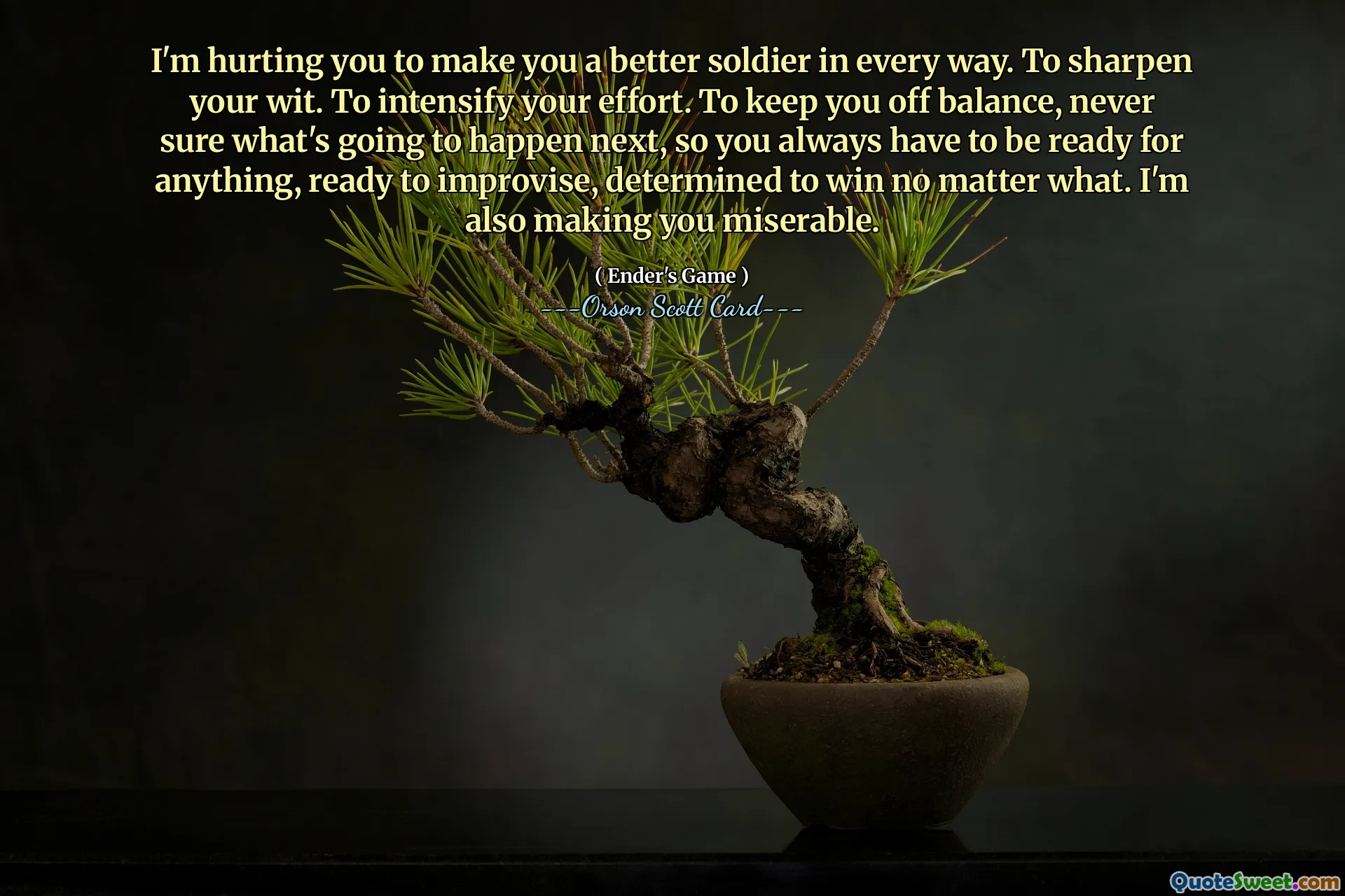Jag sårar dig för att göra dig till en bättre soldat på alla sätt. För att skärpa din kvickhet. För att intensifiera din ansträngning. För att hålla dig ur balans, aldrig säker på vad som kommer att hända härnäst, så du måste alltid vara redo för vad som helst, redo att improvisera, fast besluten att vinna oavsett vad. Jag gör dig också olycklig.