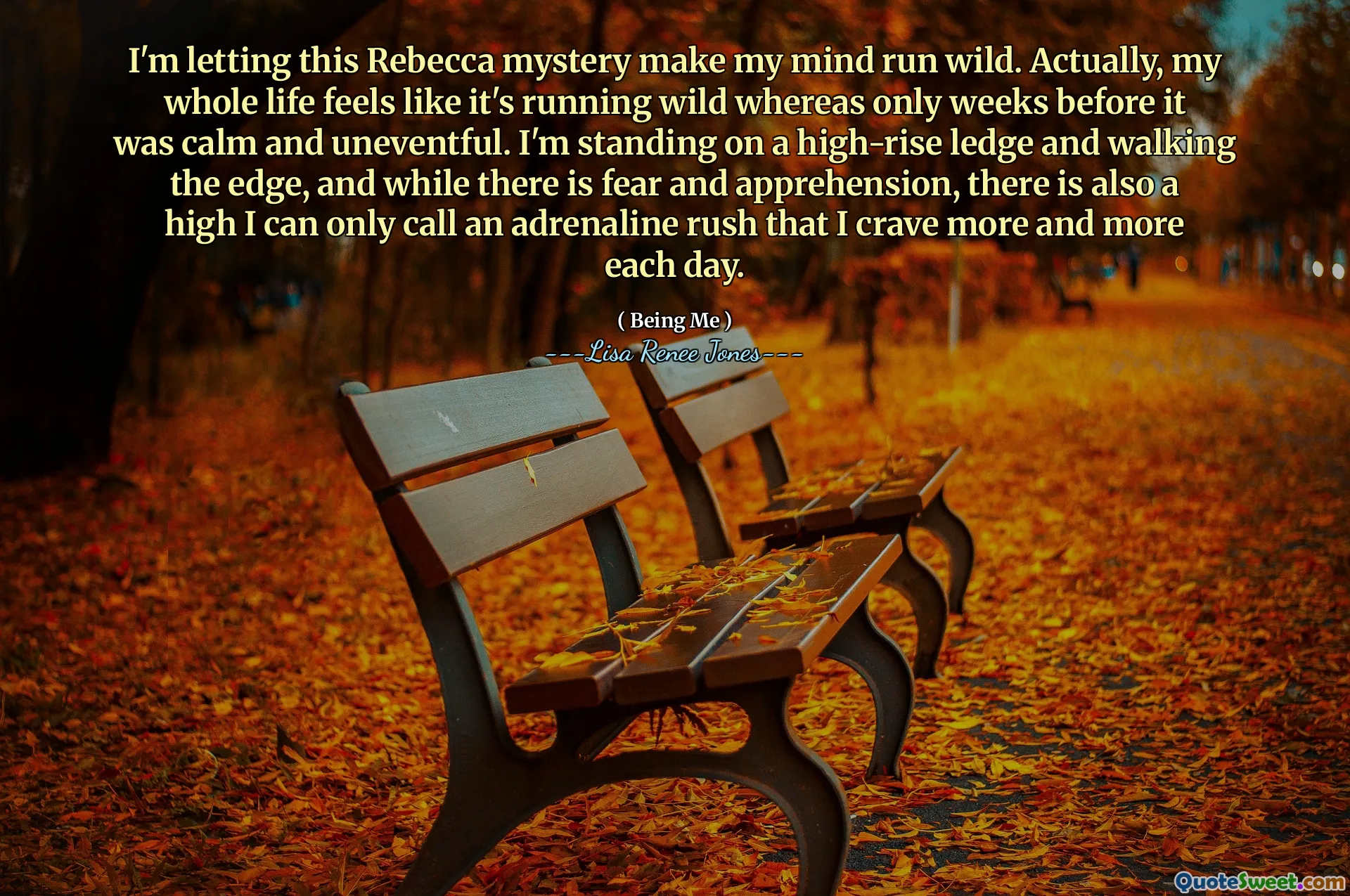 I'm letting this Rebecca mystery make my mind run wild. Actually, my whole life feels like it's running wild whereas only weeks before it was calm and uneventful. I'm standing on a high-rise ledge and walking the edge, and while there is fear and apprehension, there is also a high I can only call an adrenaline rush that I crave more and more each day.