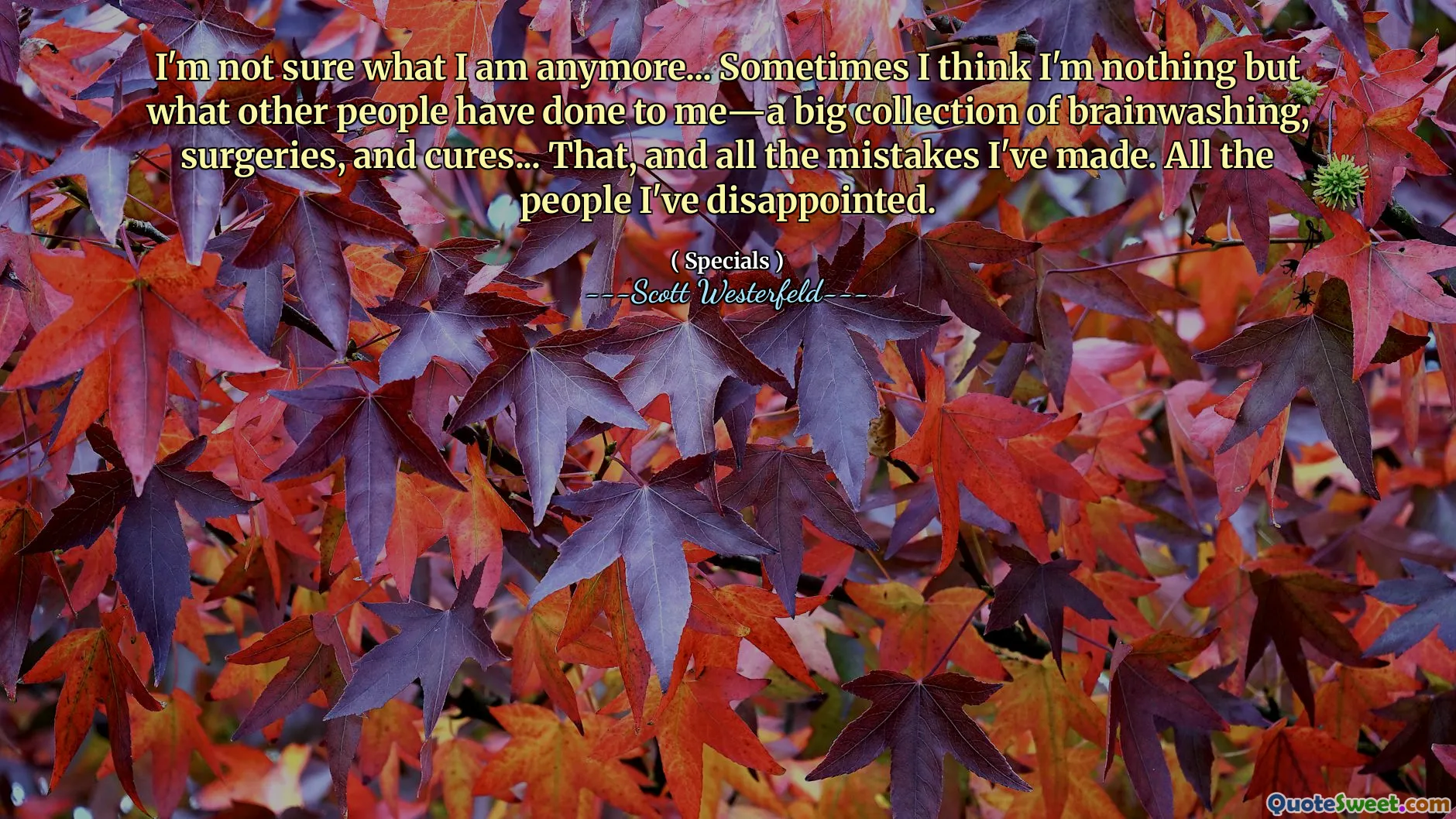 I'm not sure what I am anymore... Sometimes I think I'm nothing but what other people have done to me―a big collection of brainwashing, surgeries, and cures... That, and all the mistakes I've made. All the people I've disappointed.