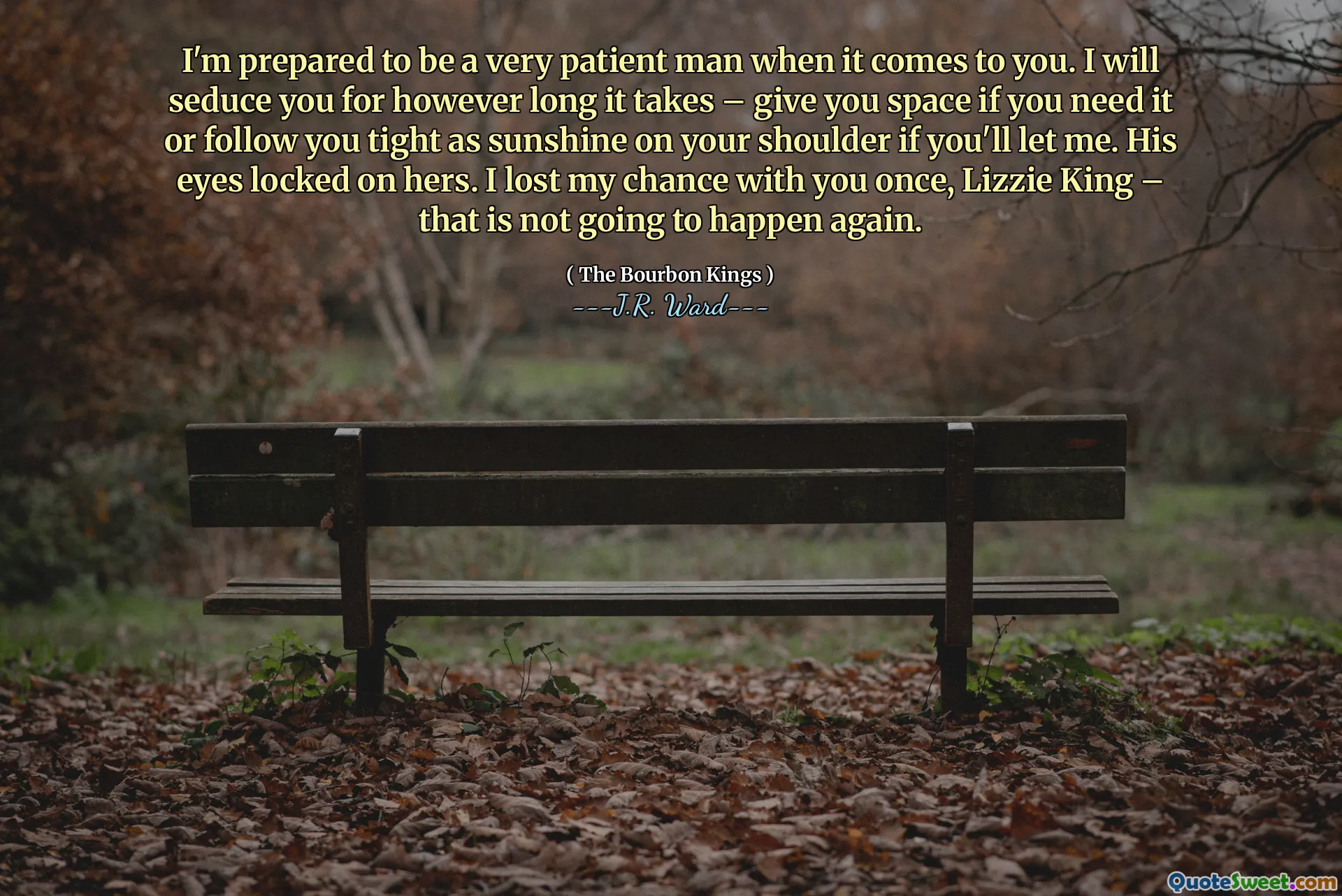I'm prepared to be a very patient man when it comes to you. I will seduce you for however long it takes – give you space if you need it or follow you tight as sunshine on your shoulder if you'll let me. His eyes locked on hers. I lost my chance with you once, Lizzie King – that is not going to happen again.