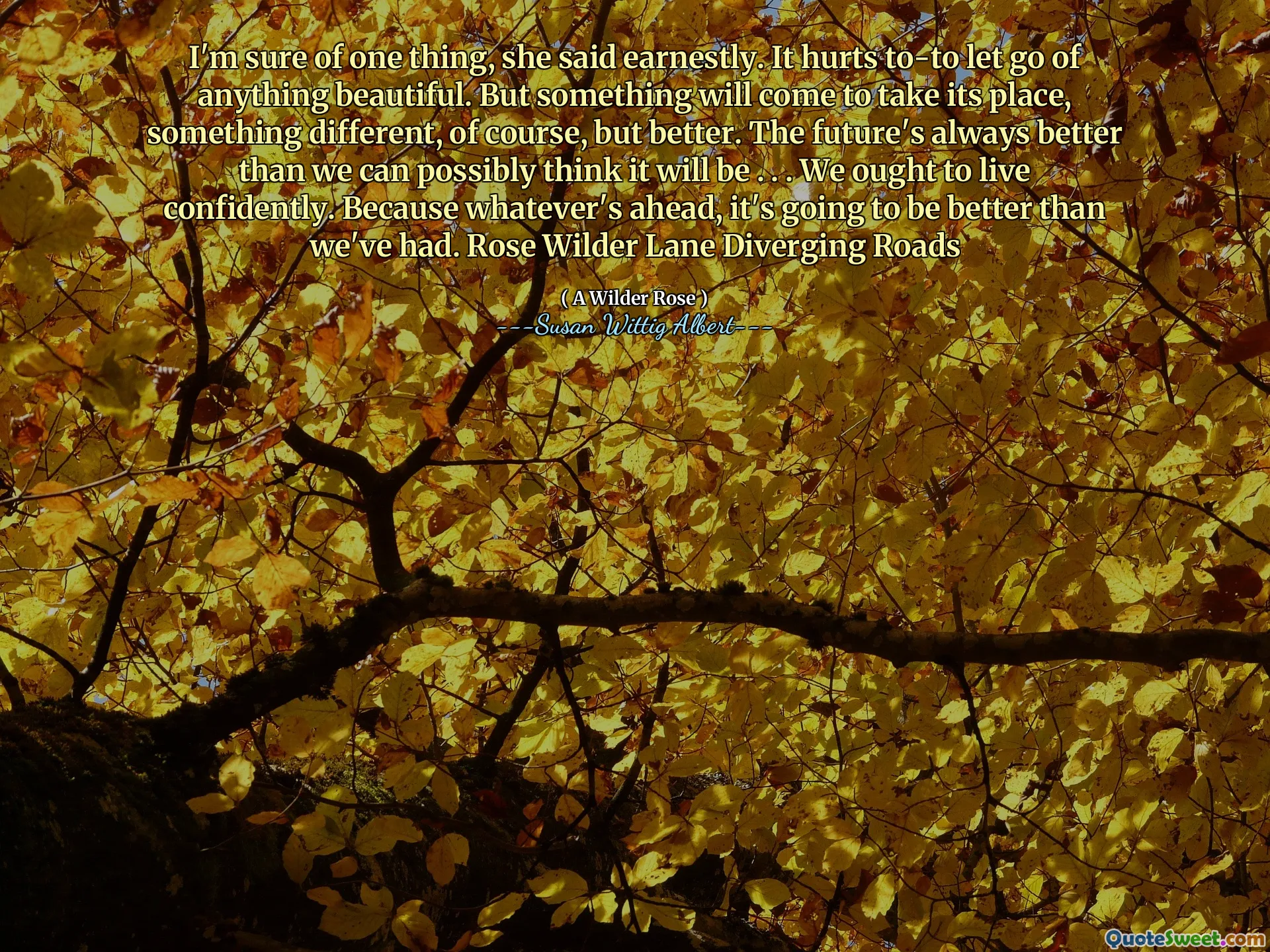 Van één ding ben ik zeker, zei ze ernstig. Het doet pijn om iets moois los te laten. Maar er zal iets voor in de plaats komen, iets anders natuurlijk, maar beter. De toekomst is altijd beter dan we ooit kunnen denken. . . We moeten zelfverzekerd leven. Want wat ons ook te wachten staat, het zal beter zijn dan we hebben gehad. Rose Wilder Lane uiteenlopende wegen