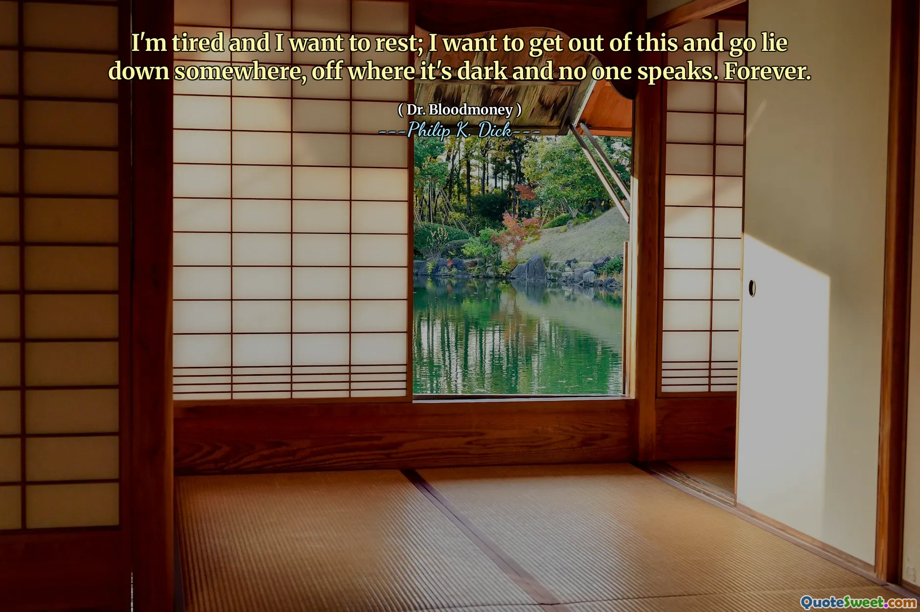 Jag är trött och jag vill vila; Jag vill komma ur detta och gå och ligga någonstans, där det är mörkt och ingen talar. Evigt.