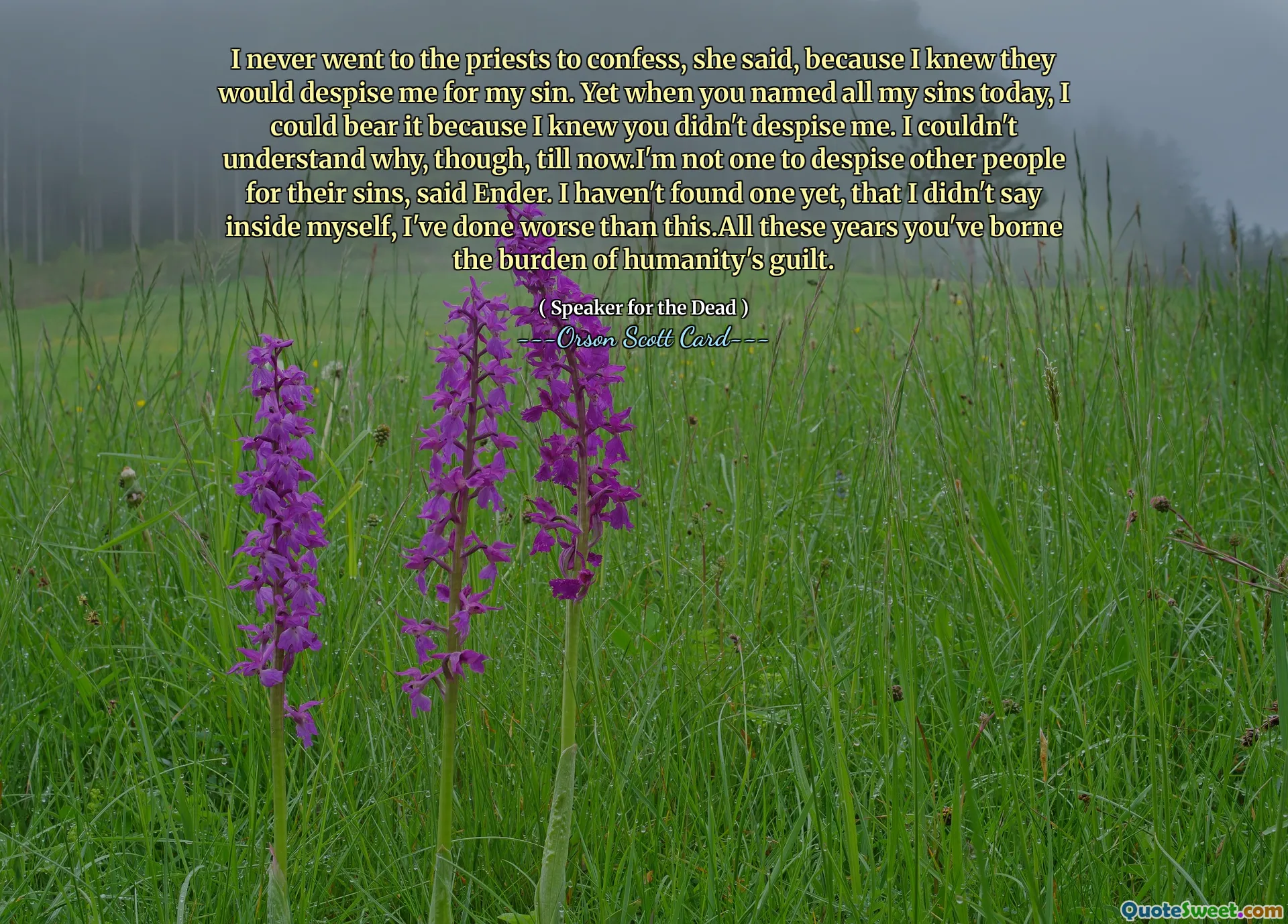 I never went to the priests to confess, she said, because I knew they would despise me for my sin. Yet when you named all my sins today, I could bear it because I knew you didn't despise me. I couldn't understand why, though, till now.I'm not one to despise other people for their sins, said Ender. I haven't found one yet, that I didn't say inside myself, I've done worse than this.All these years you've borne the burden of humanity's guilt.