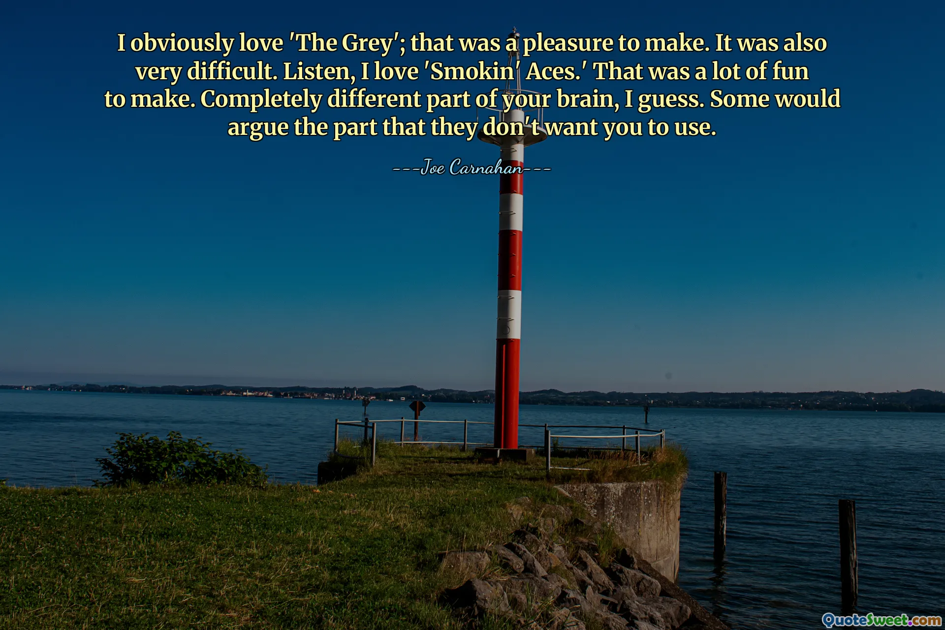 I obviously love 'The Grey'; that was a pleasure to make. It was also very difficult. Listen, I love 'Smokin' Aces.' That was a lot of fun to make. Completely different part of your brain, I guess. Some would argue the part that they don't want you to use.