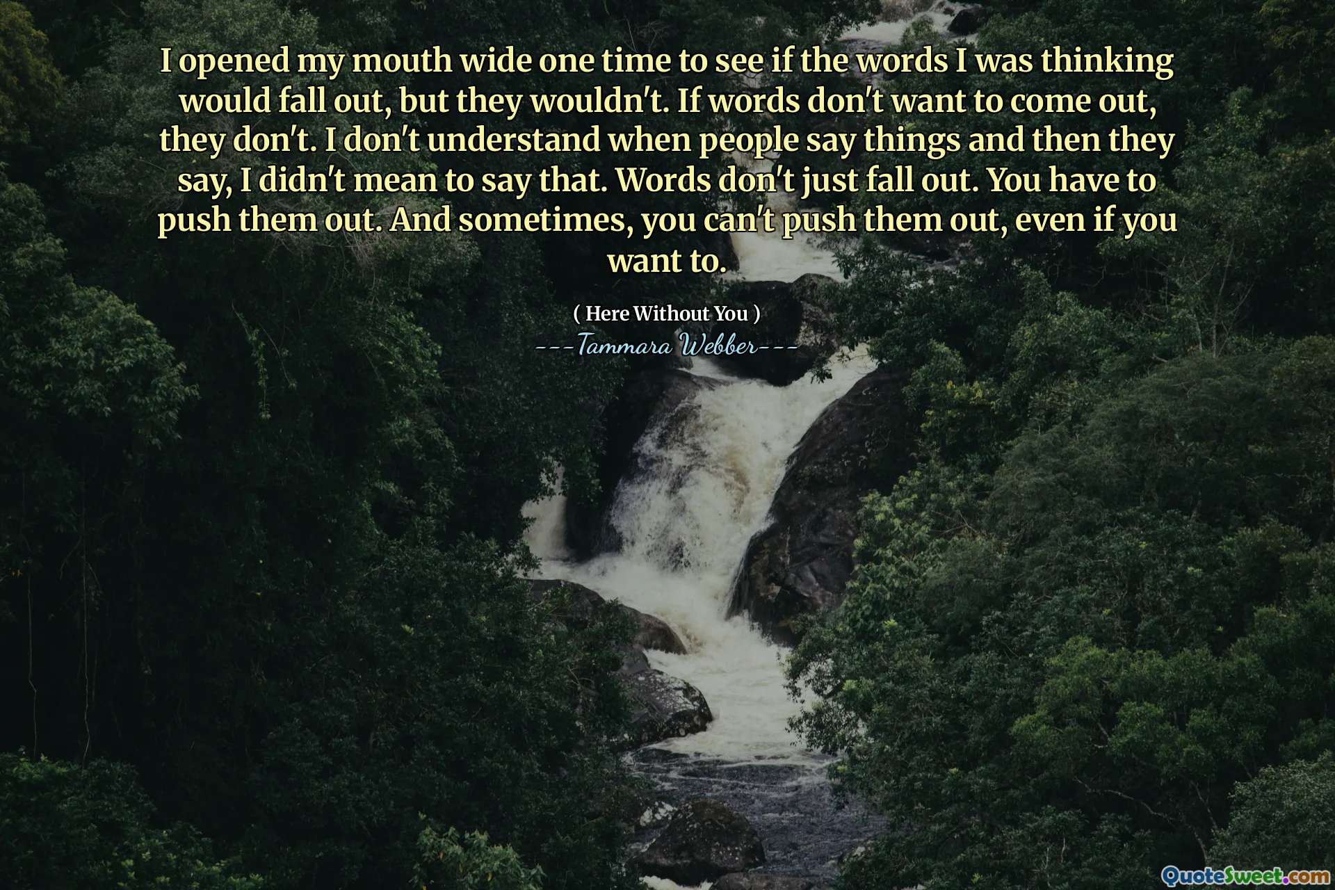 I opened my mouth wide one time to see if the words I was thinking would fall out, but they wouldn't. If words don't want to come out, they don't. I don't understand when people say things and then they say, I didn't mean to say that. Words don't just fall out. You have to push them out. And sometimes, you can't push them out, even if you want to.