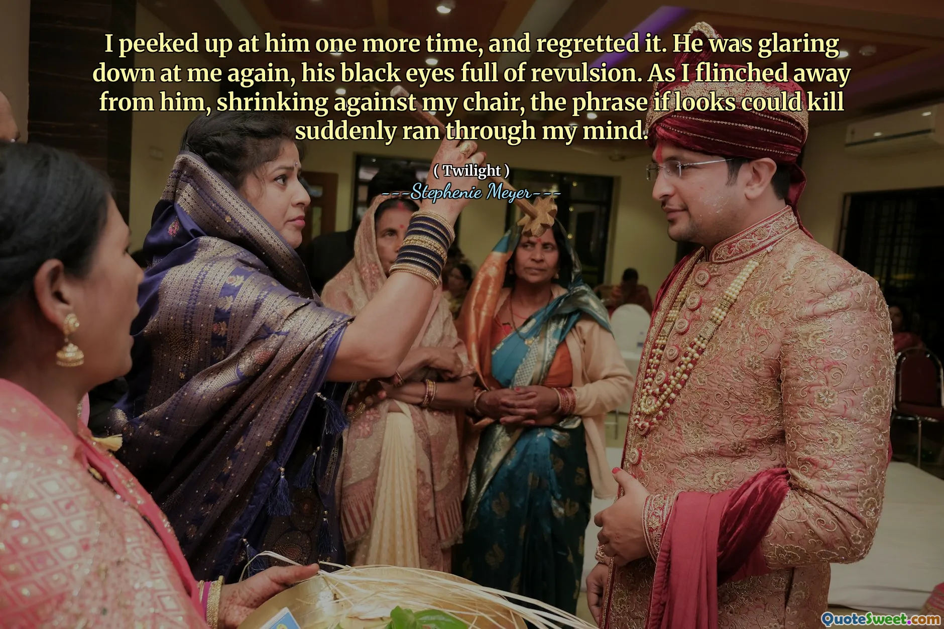 I peeked up at him one more time, and regretted it. He was glaring down at me again, his black eyes full of revulsion. As I flinched away from him, shrinking against my chair, the phrase if looks could kill suddenly ran through my mind.