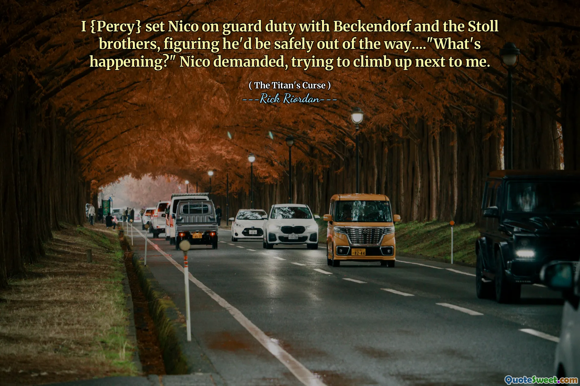 I {Percy} set Nico on guard duty with Beckendorf and the Stoll brothers, figuring he'd be safely out of the way...."What's happening?" Nico demanded, trying to climb up next to me.