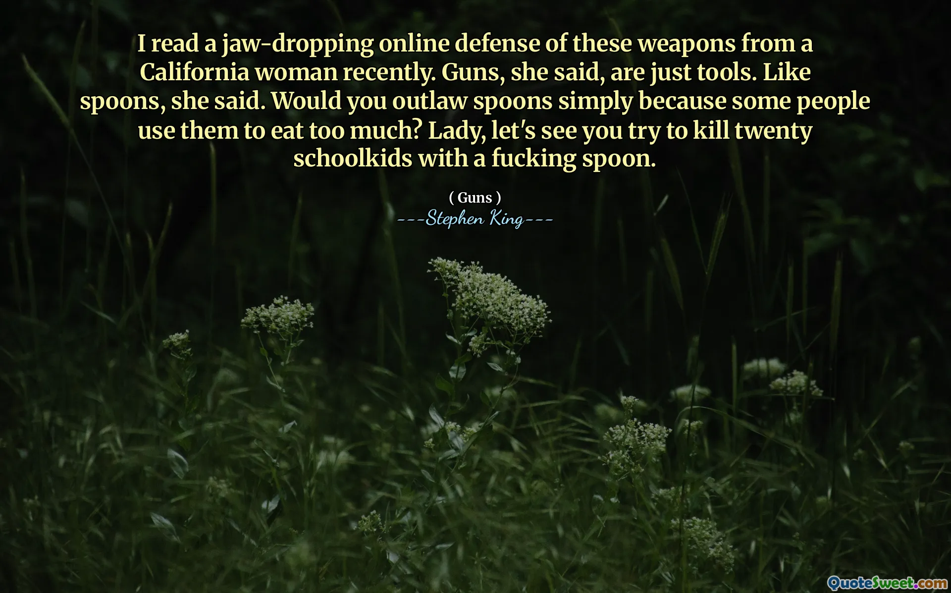 I read a jaw-dropping online defense of these weapons from a California woman recently. Guns, she said, are just tools. Like spoons, she said. Would you outlaw spoons simply because some people use them to eat too much? Lady, let's see you try to kill twenty schoolkids with a fucking spoon.
