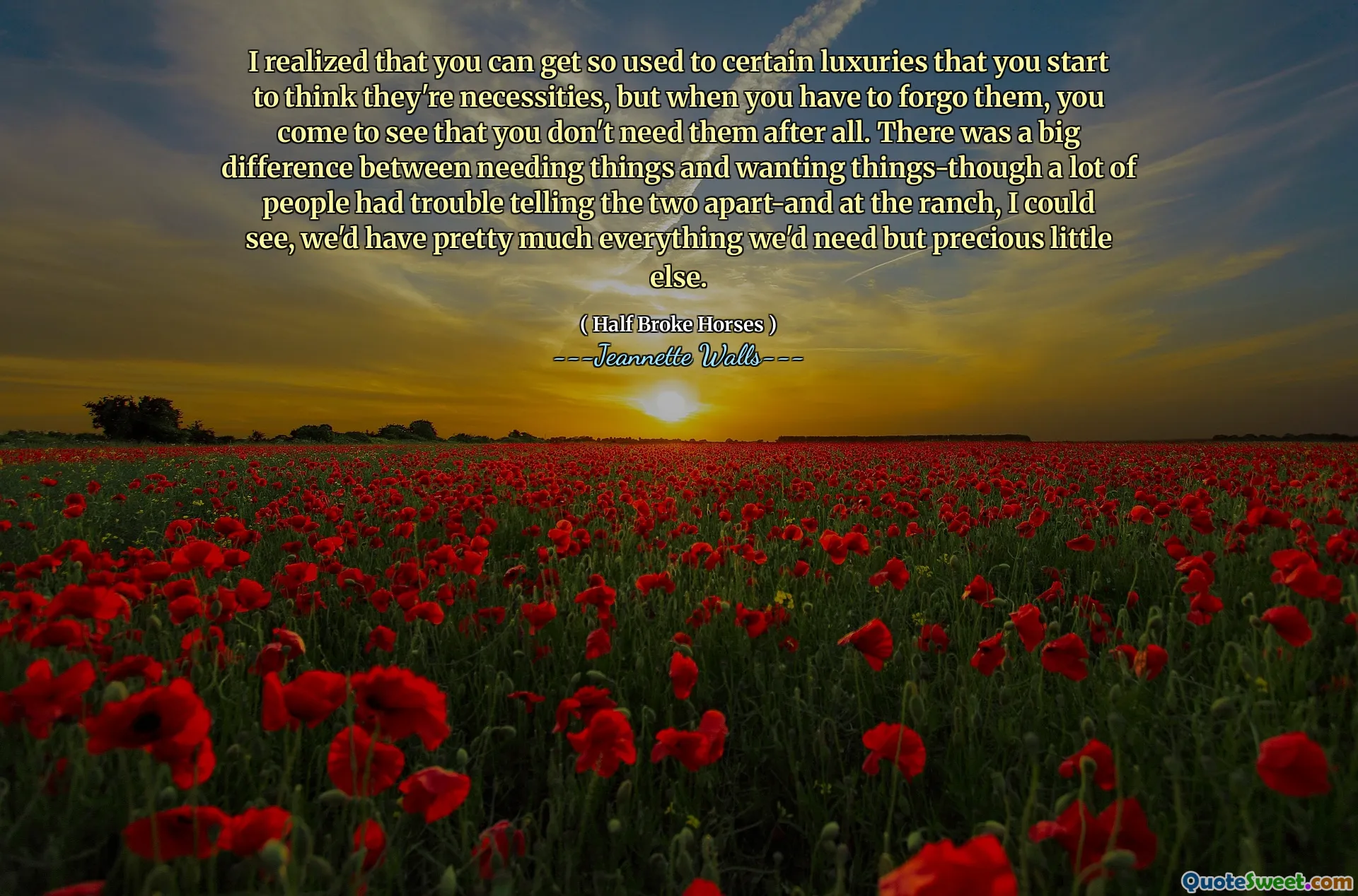 Mi -am dat seama că te poți obișnui atât de mult cu anumite lux, încât începi să crezi că sunt necesități, dar atunci când trebuie să le renunți, vii să vezi că nu ai nevoie de ele până la urmă. A existat o mare diferență între a avea nevoie de lucruri și de a dori lucruri-deși mulți oameni au avut probleme să le spună celor doi în afară și la fermă, am putut vedea, am avea aproape tot ce am avea nevoie, dar puțin prețios.