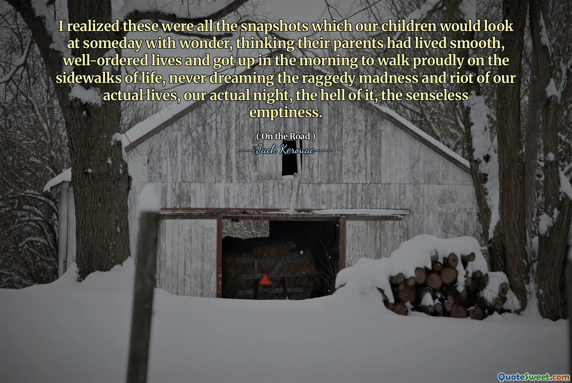 I realized these were all the snapshots which our children would look at someday with wonder, thinking their parents had lived smooth, well-ordered lives and got up in the morning to walk proudly on the sidewalks of life, never dreaming the raggedy madness and riot of our actual lives, our actual night, the hell of it, the senseless emptiness.
