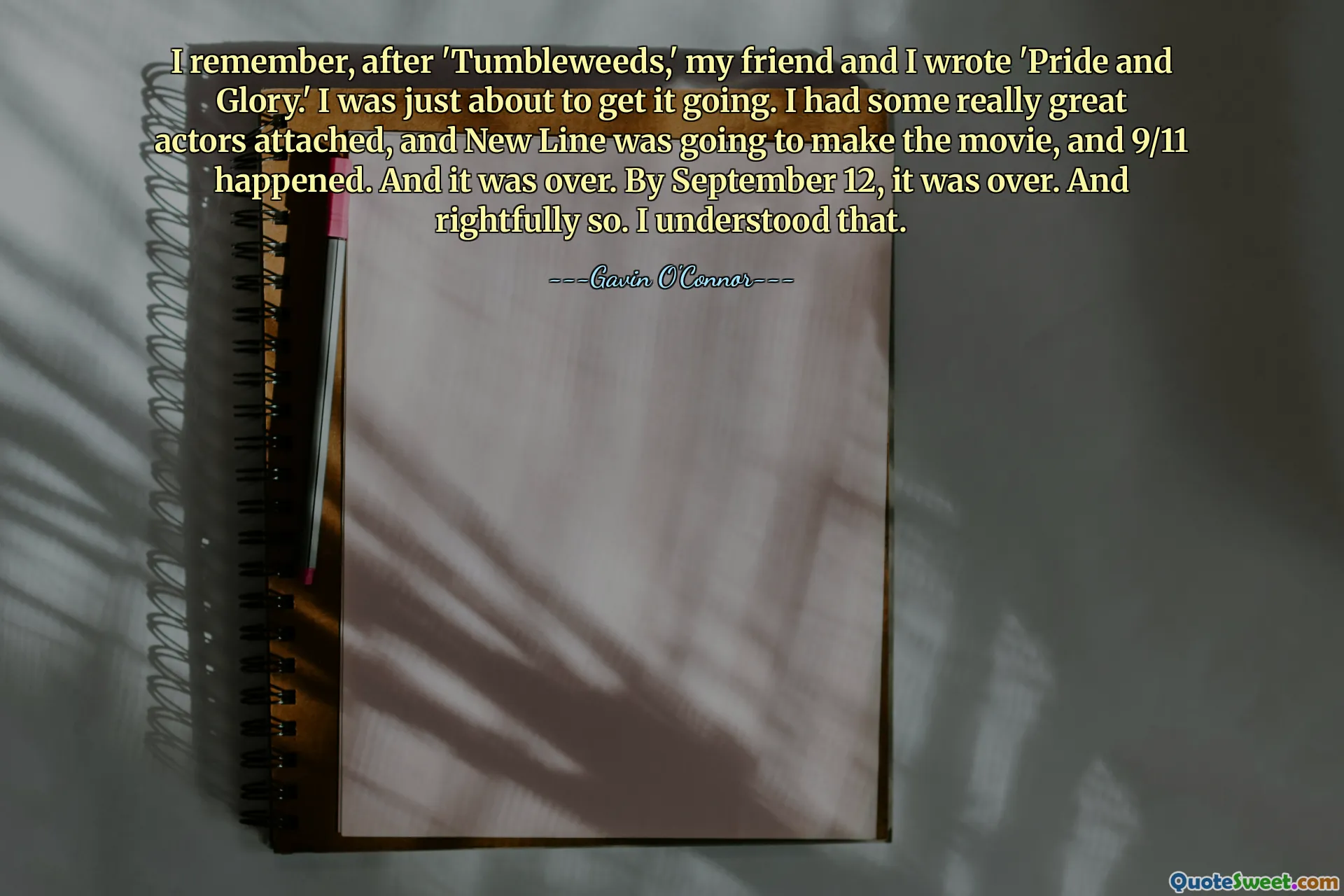 I remember, after 'Tumbleweeds,' my friend and I wrote 'Pride and Glory.' I was just about to get it going. I had some really great actors attached, and New Line was going to make the movie, and 9/11 happened. And it was over. By September 12, it was over. And rightfully so. I understood that.