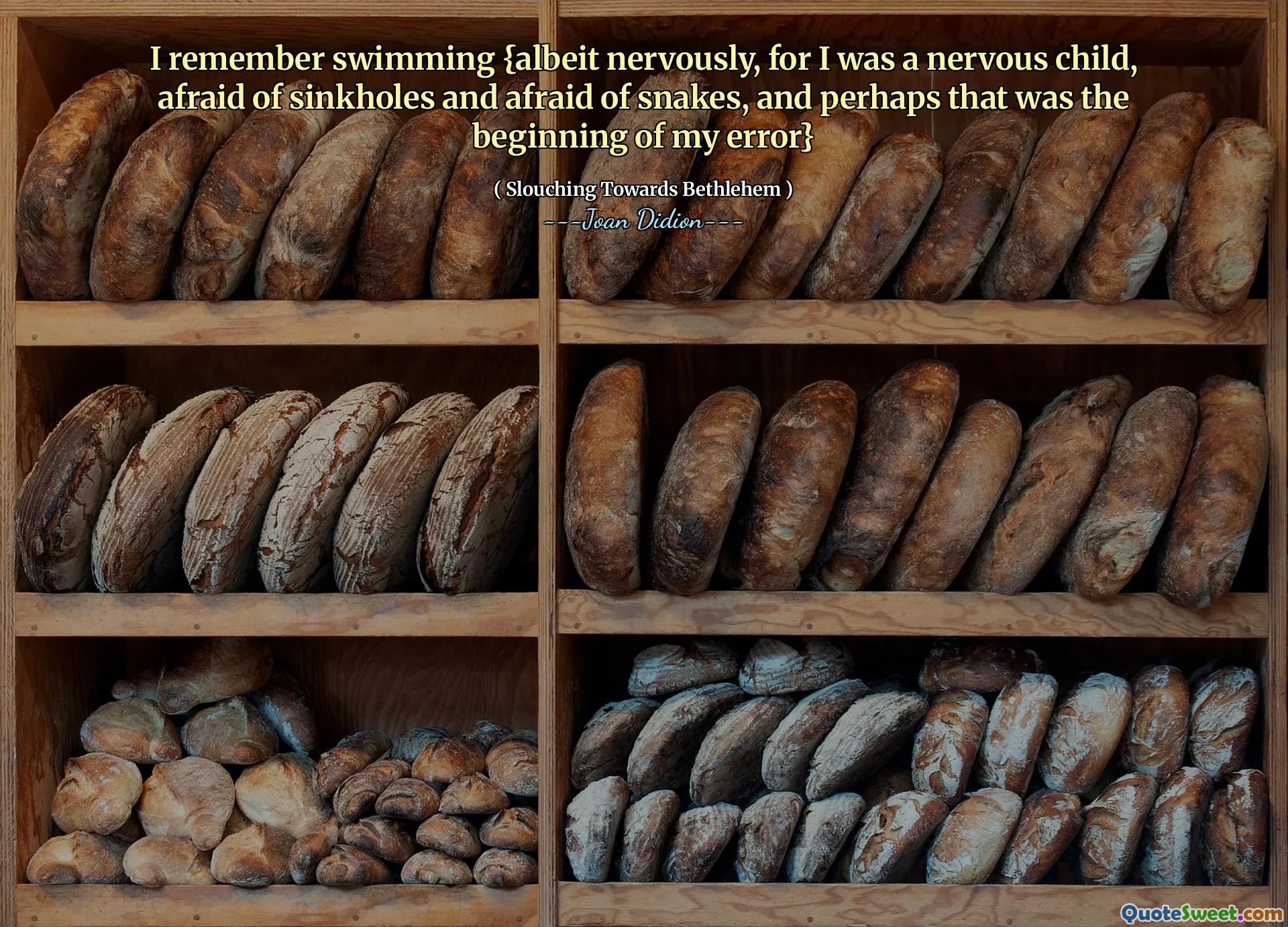 Jeg husker at jeg svømte {om enn nervøst, for jeg var et nervøst barn, redd for synkehull og redd for slanger, og kanskje det var begynnelsen på feilen min}