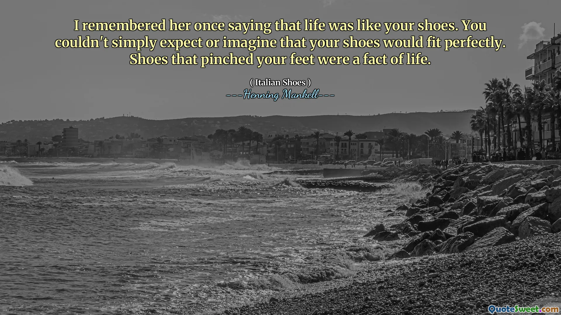 I remembered her once saying that life was like your shoes. You couldn't simply expect or imagine that your shoes would fit perfectly. Shoes that pinched your feet were a fact of life.