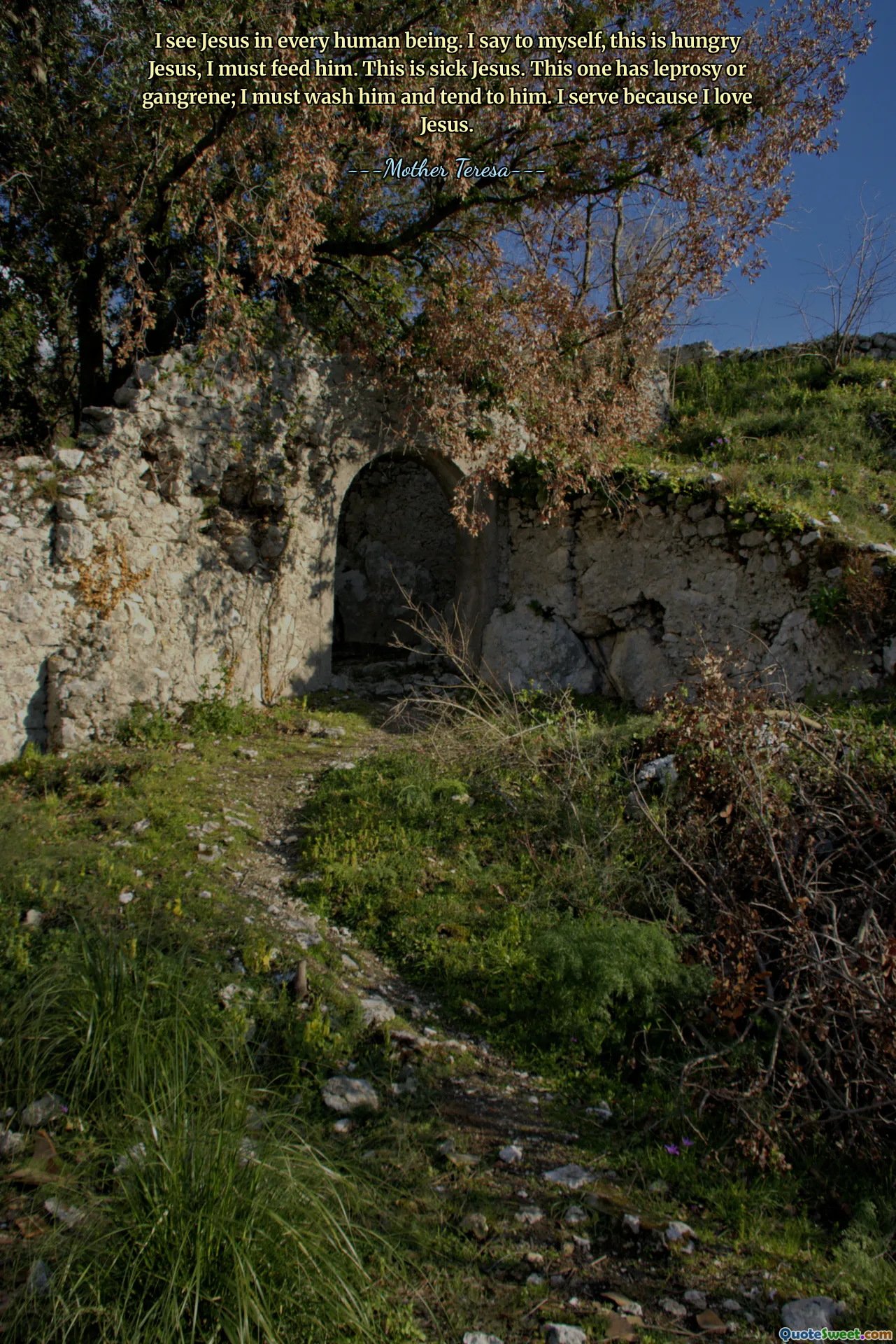 I see Jesus in every human being. I say to myself, this is hungry Jesus, I must feed him. This is sick Jesus. This one has leprosy or gangrene; I must wash him and tend to him. I serve because I love Jesus.