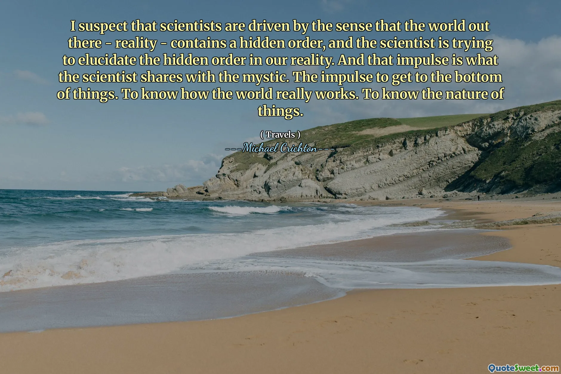 I suspect that scientists are driven by the sense that the world out there - reality - contains a hidden order, and the scientist is trying to elucidate the hidden order in our reality. And that impulse is what the scientist shares with the mystic. The impulse to get to the bottom of things. To know how the world really works. To know the nature of things.