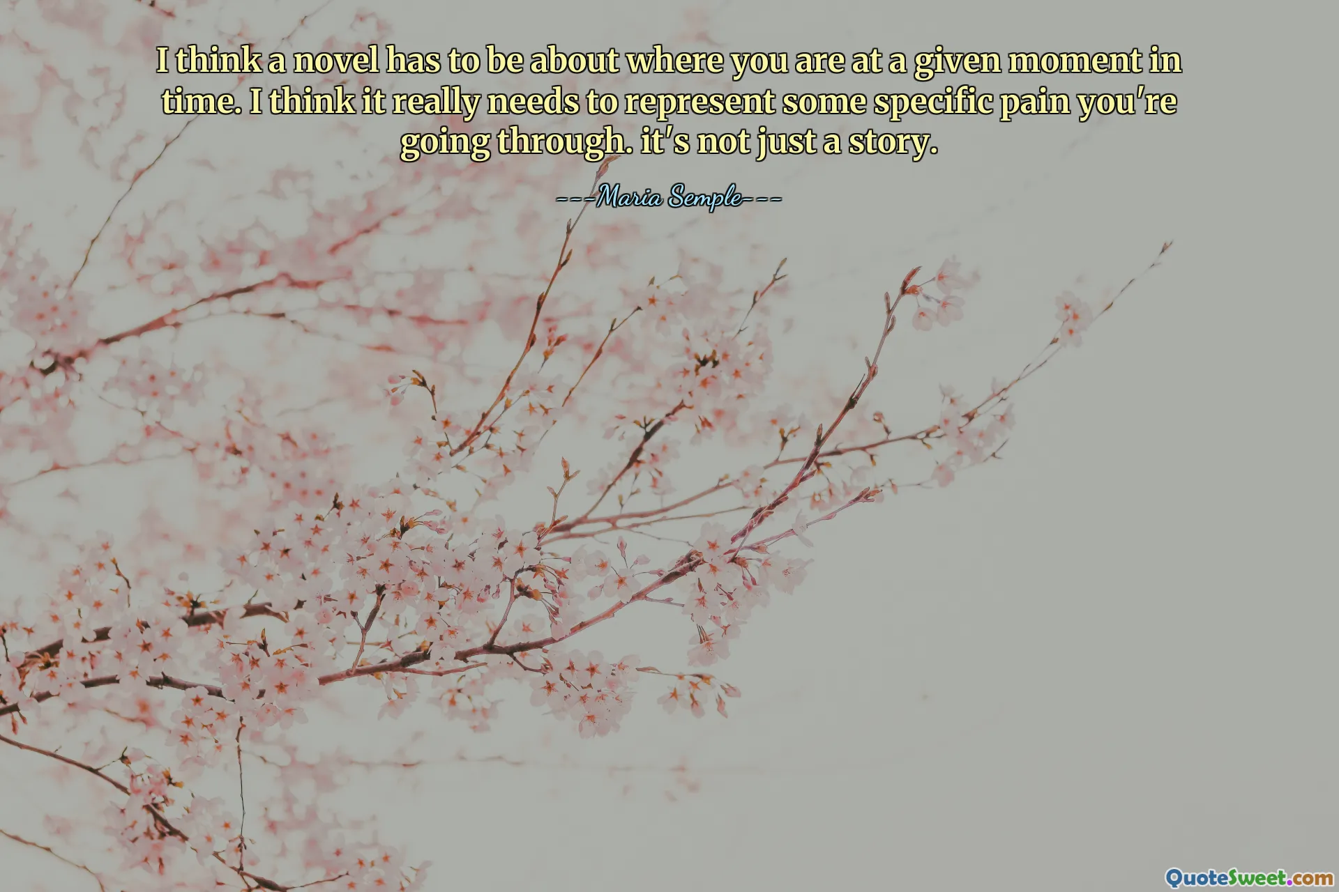 I think a novel has to be about where you are at a given moment in time. I think it really needs to represent some specific pain you're going through. it's not just a story.