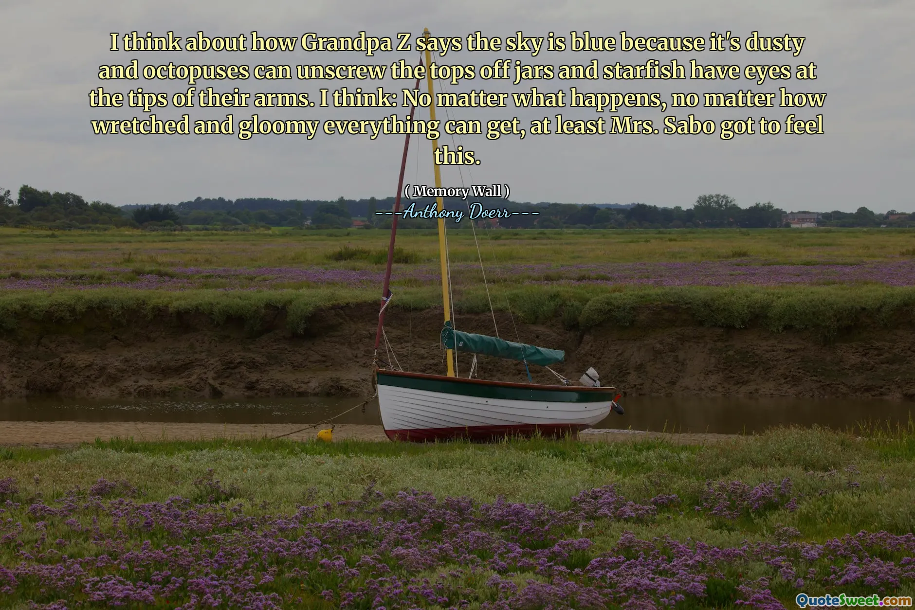 I think about how Grandpa Z says the sky is blue because it's dusty and octopuses can unscrew the tops off jars and starfish have eyes at the tips of their arms. I think: No matter what happens, no matter how wretched and gloomy everything can get, at least Mrs. Sabo got to feel this.