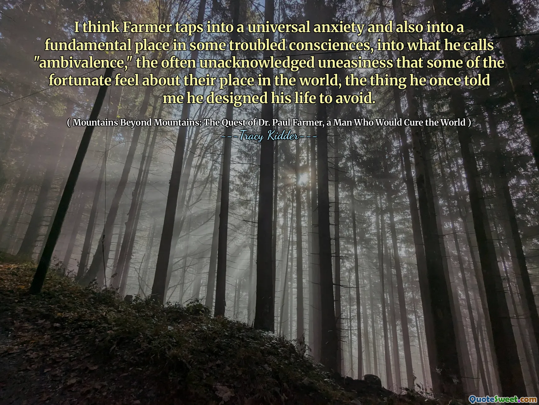 I think Farmer taps into a universal anxiety and also into a fundamental place in some troubled consciences, into what he calls "ambivalence," the often unacknowledged uneasiness that some of the fortunate feel about their place in the world, the thing he once told me he designed his life to avoid.