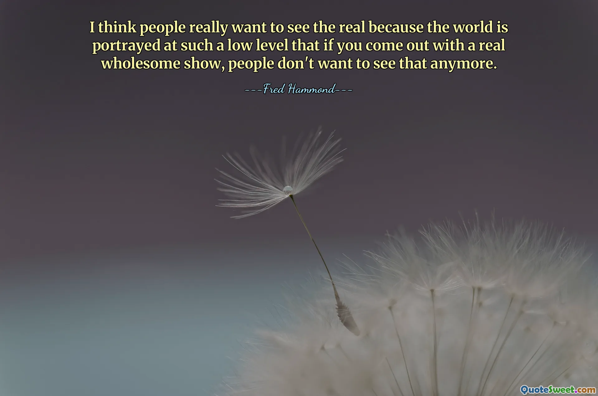 Я думаю, что люди действительно хотят видеть реальность, потому что мир изображается на таком низком уровне, что если вы создадите по-настоящему здоровое шоу, люди больше не захотят его видеть.