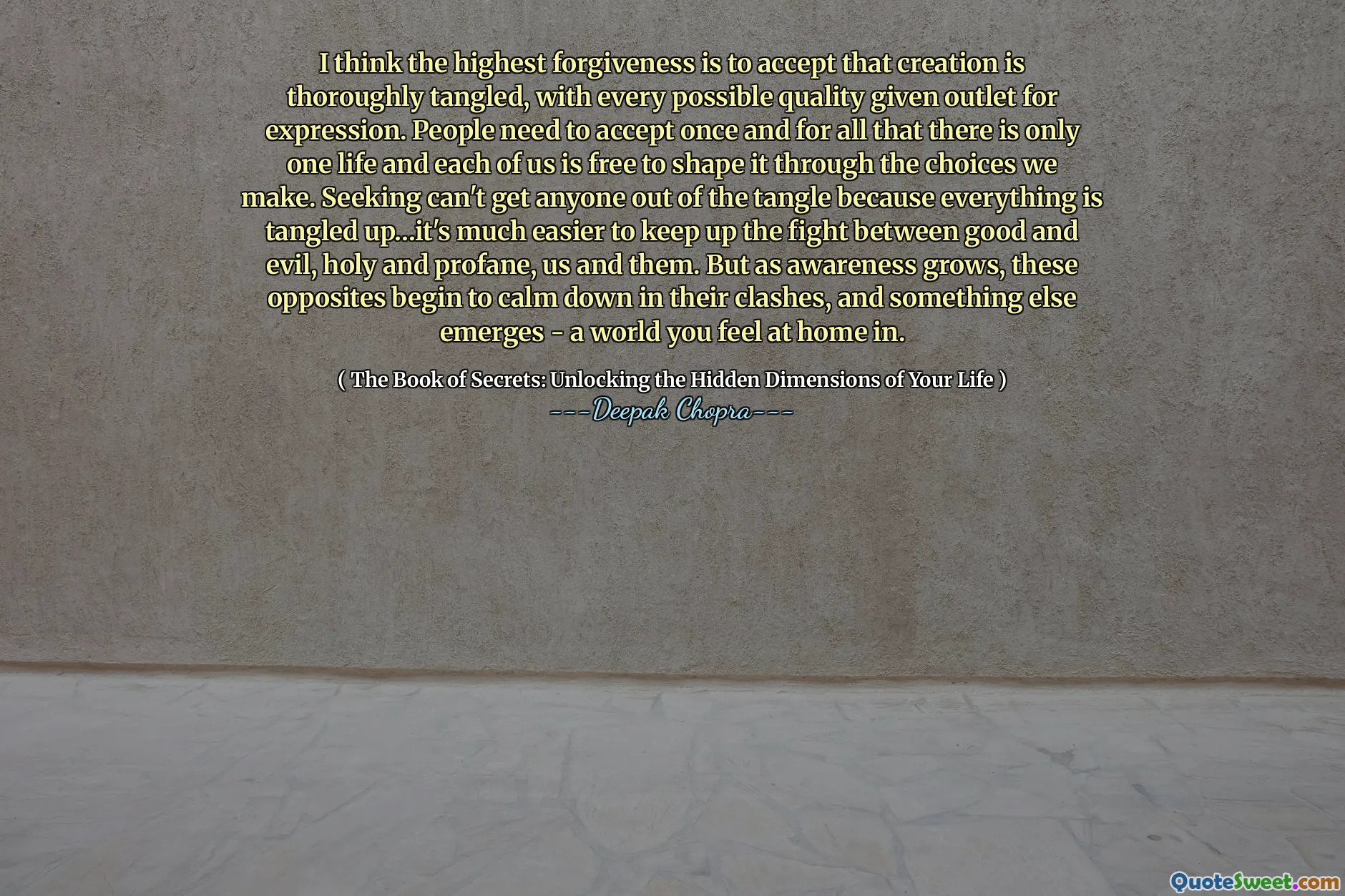 I think the highest forgiveness is to accept that creation is thoroughly tangled, with every possible quality given outlet for expression. People need to accept once and for all that there is only one life and each of us is free to shape it through the choices we make. Seeking can't get anyone out of the tangle because everything is tangled up…it's much easier to keep up the fight between good and evil, holy and profane, us and them. But as awareness grows, these opposites begin to calm down in their clashes, and something else emerges - a world you feel at home in.