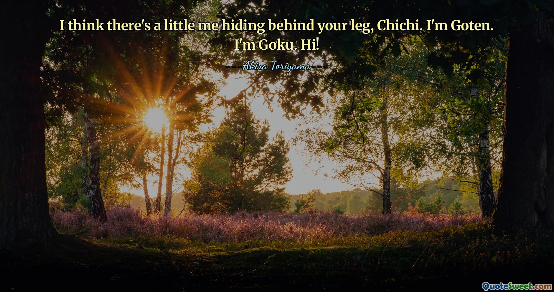 I think there's a little me hiding behind your leg, Chichi. I'm Goten. I'm Goku. Hi!