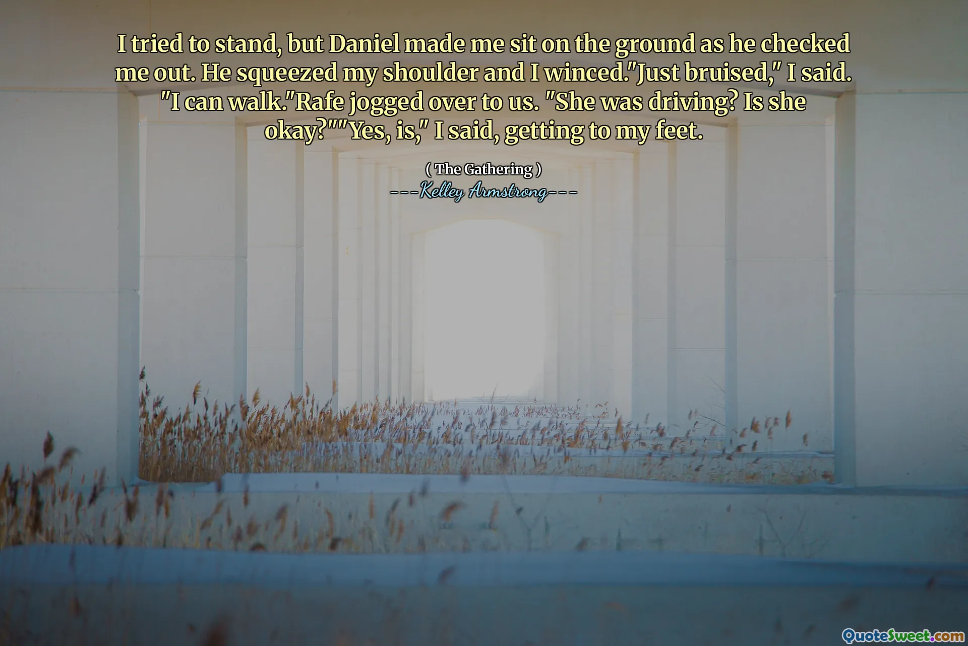 I tried to stand, but Daniel made me sit on the ground as he checked me out. He squeezed my shoulder and I winced."Just bruised," I said. "I can walk."Rafe jogged over to us. "She was driving? Is she okay?""Yes, is," I said, getting to my feet.
