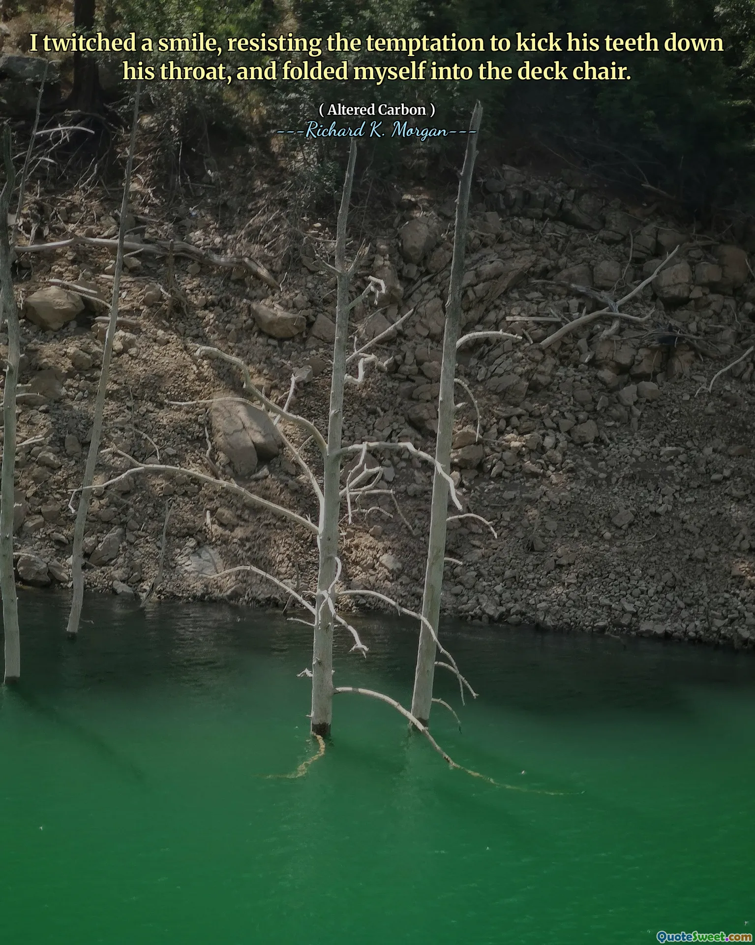 I twitched a smile, resisting the temptation to kick his teeth down his throat, and folded myself into the deck chair.