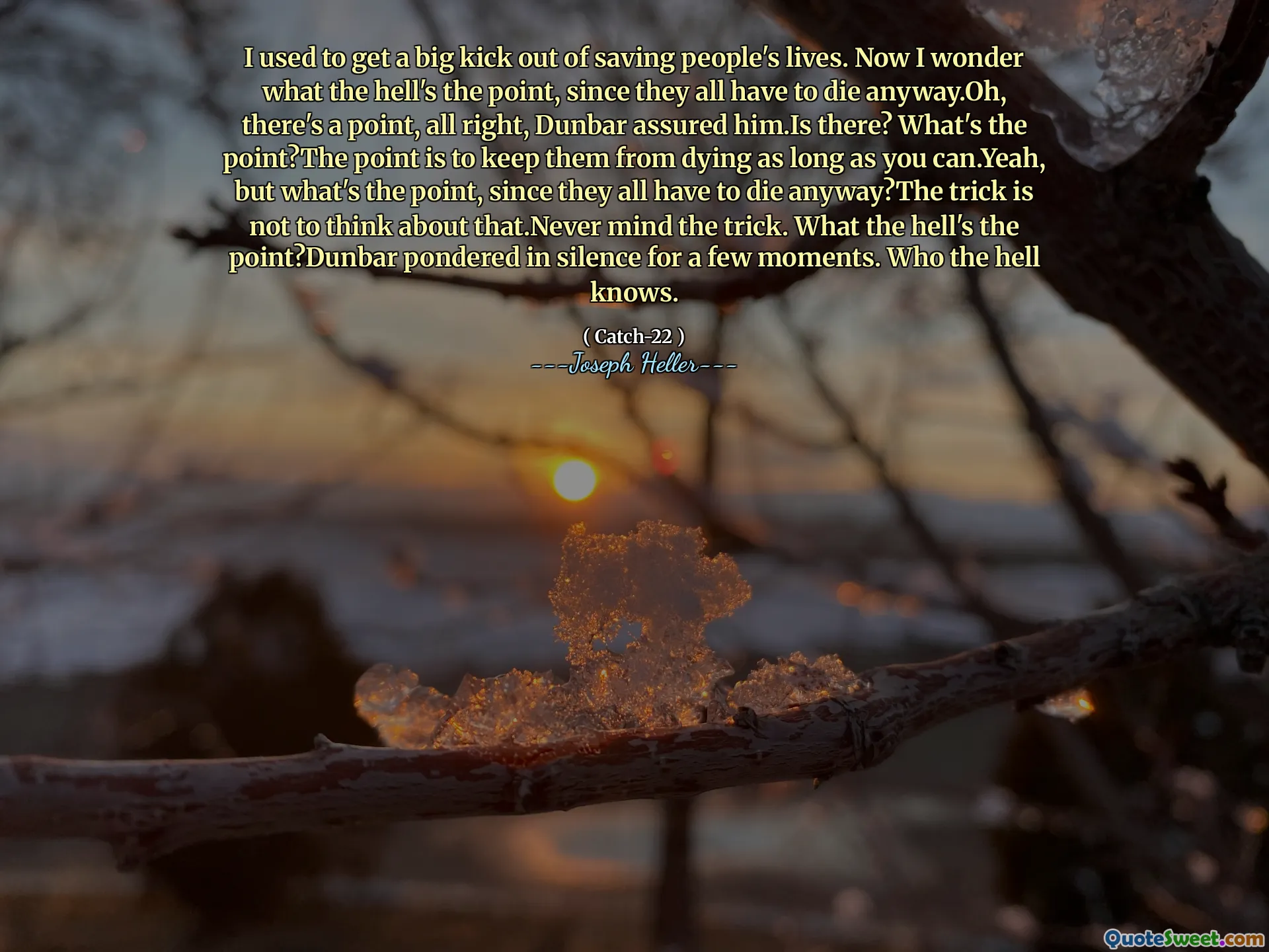Jeg pleide å få et stort spark ut av å redde folks liv. Nå lurer jeg på hva faen er poenget, siden de alle må dø uansett. Å, det er et poeng, ok, Dunbar forsikret ham. Er det der? Hva er poenget? Poenget er å hindre dem i å dø så lenge du kan. Hva i helvete er poenget? Dunbar funderte i stillhet i noen få øyeblikk. Hvem i helvete vet.