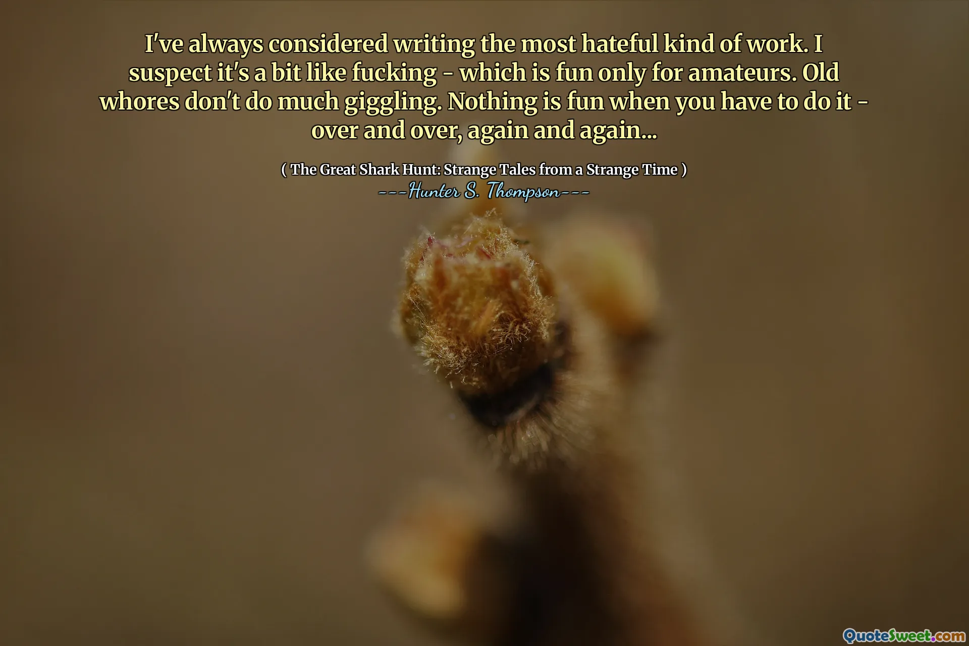 I've always considered writing the most hateful kind of work. I suspect it's a bit like fucking - which is fun only for amateurs. Old whores don't do much giggling. Nothing is fun when you have to do it - over and over, again and again...