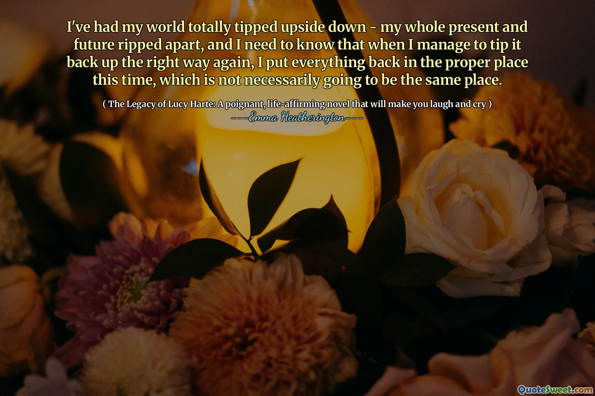 Ich habe meine Welt total auf den Kopf gestellt - meine ganze Gegenwart und meine Zukunft zerrissen und ich muss wissen, dass ich, wenn ich es wieder auf den richtigen Weg zurückkippen kann, alles wieder an die richtige Stelle stecke, die diesmal, welche wird nicht unbedingt der gleiche Ort sein.