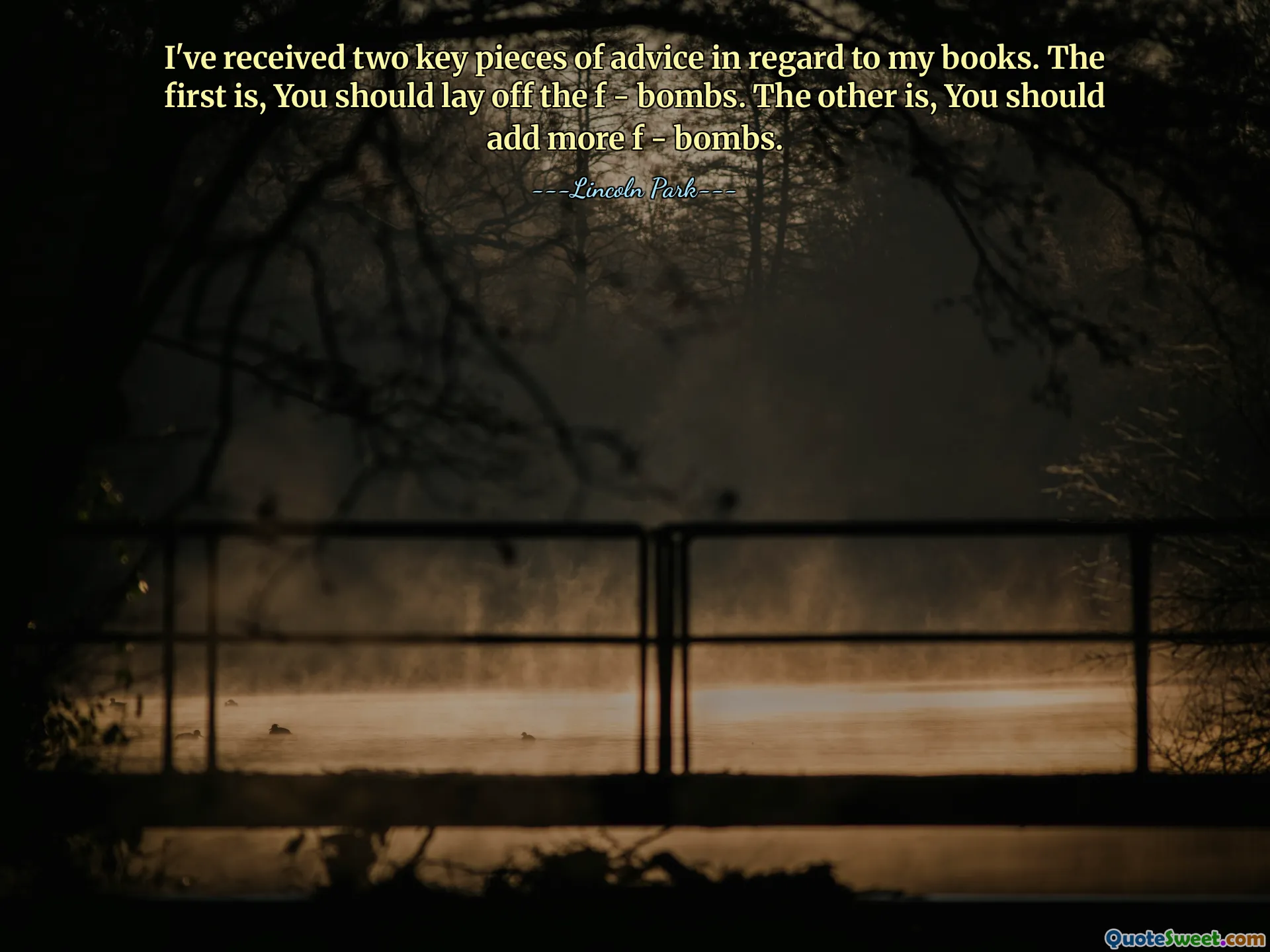 I've received two key pieces of advice in regard to my books. The first is, You should lay off the f - bombs. The other is, You should add more f - bombs.
