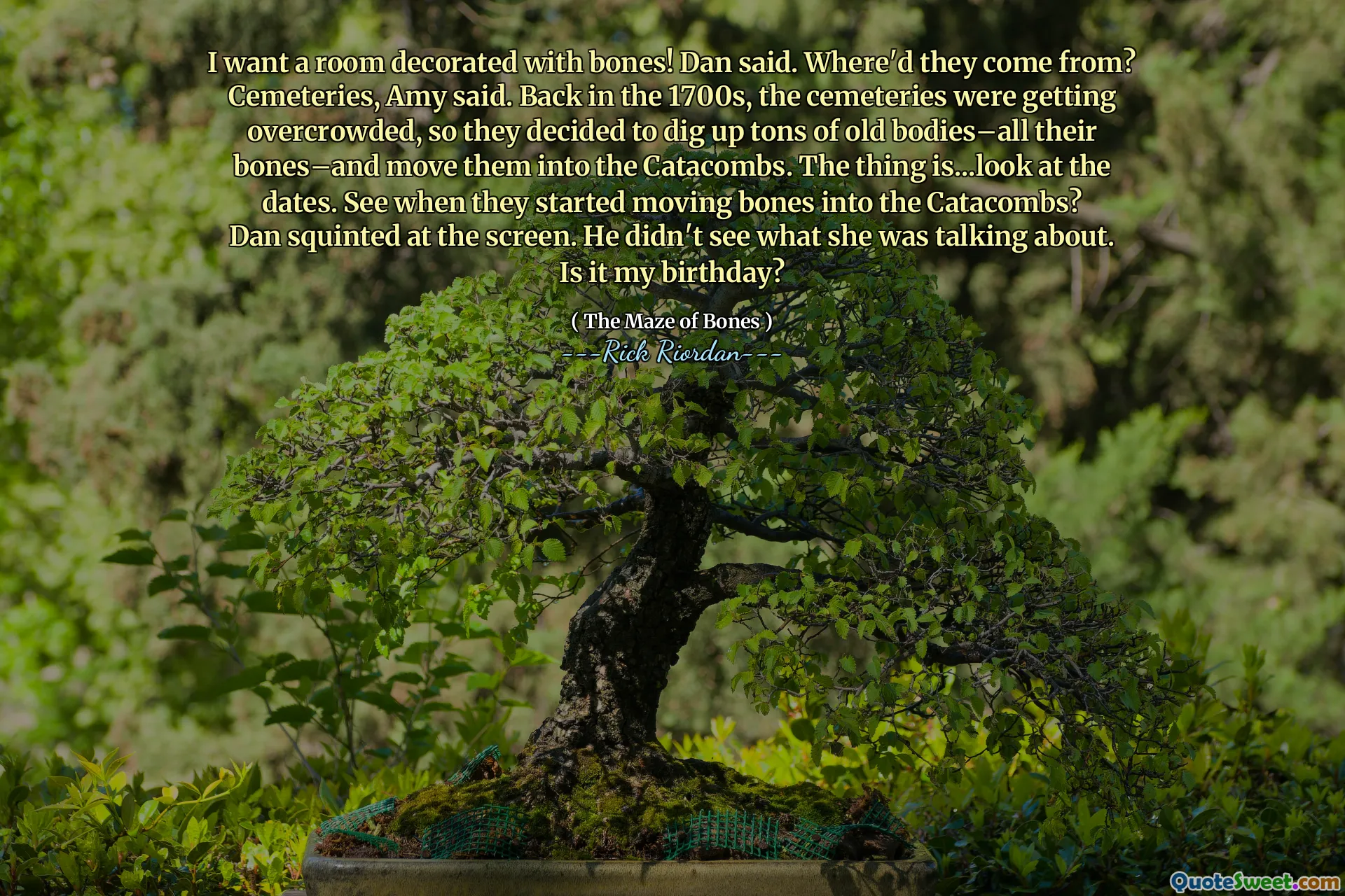 I want a room decorated with bones! Dan said. Where'd they come from?
Cemeteries, Amy said. Back in the 1700s, the cemeteries were getting overcrowded, so they decided to dig up tons of old bodies–all their bones–and move them into the Catacombs. The thing is...look at the dates. See when they started moving bones into the Catacombs?
Dan squinted at the screen. He didn't see what she was talking about. Is it my birthday?