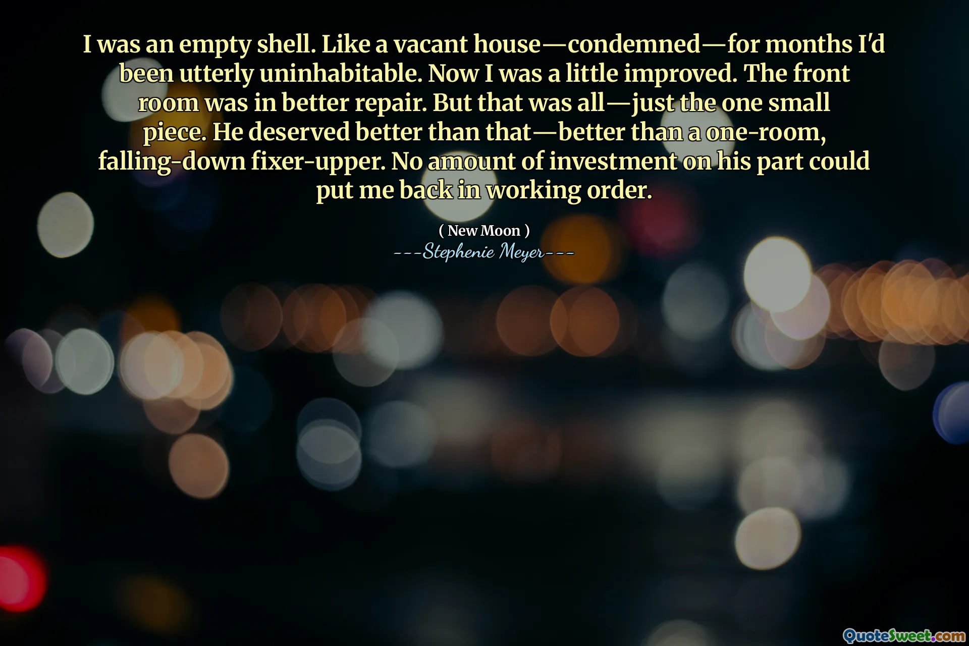 I was an empty shell. Like a vacant house―condemned―for months I'd been utterly uninhabitable. Now I was a little improved. The front room was in better repair. But that was all―just the one small piece. He deserved better than that―better than a one-room, falling-down fixer-upper. No amount of investment on his part could put me back in working order.