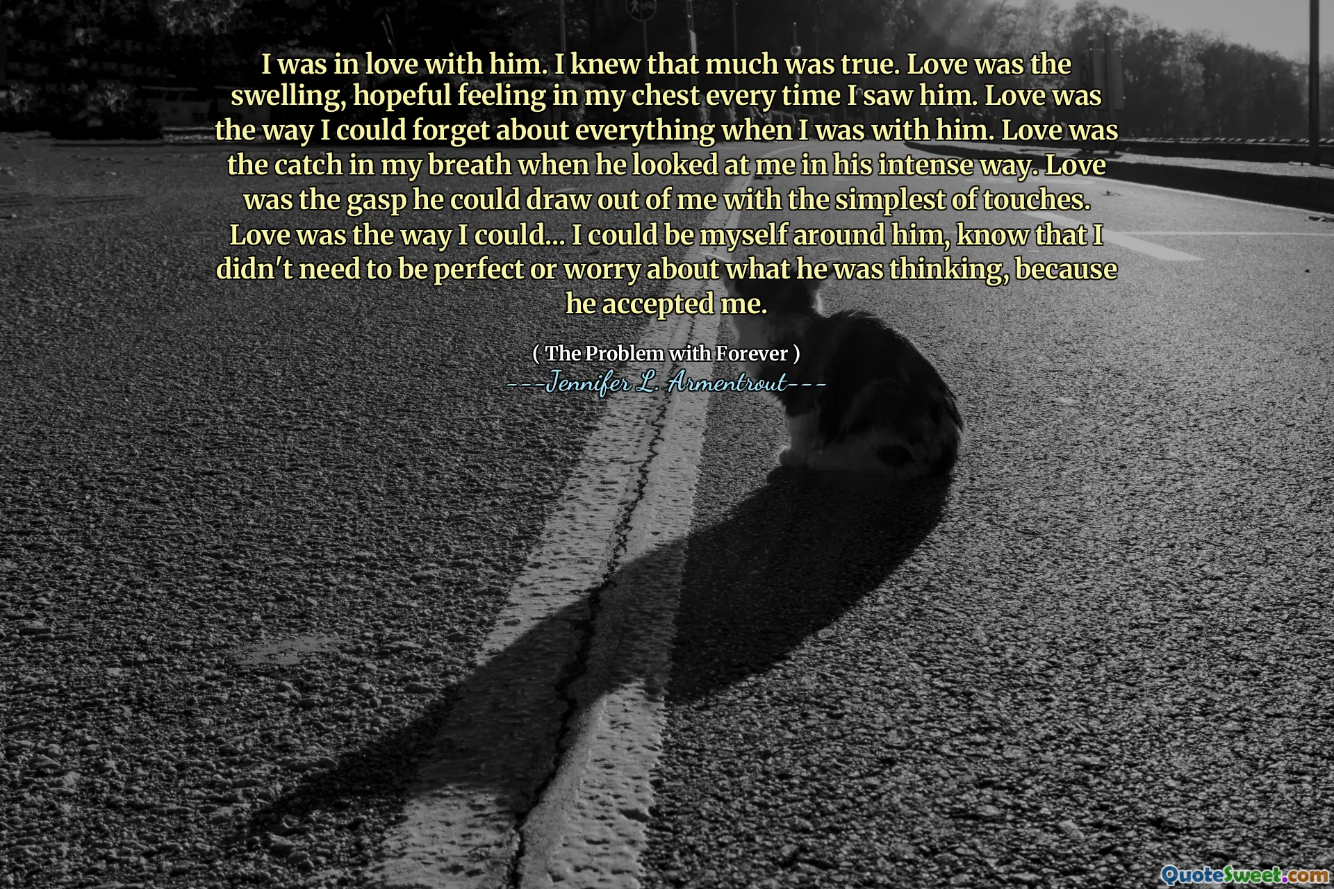 I was in love with him. I knew that much was true. Love was the swelling, hopeful feeling in my chest every time I saw him. Love was the way I could forget about everything when I was with him. Love was the catch in my breath when he looked at me in his intense way. Love was the gasp he could draw out of me with the simplest of touches. Love was the way I could... I could be myself around him, know that I didn't need to be perfect or worry about what he was thinking, because he accepted me.