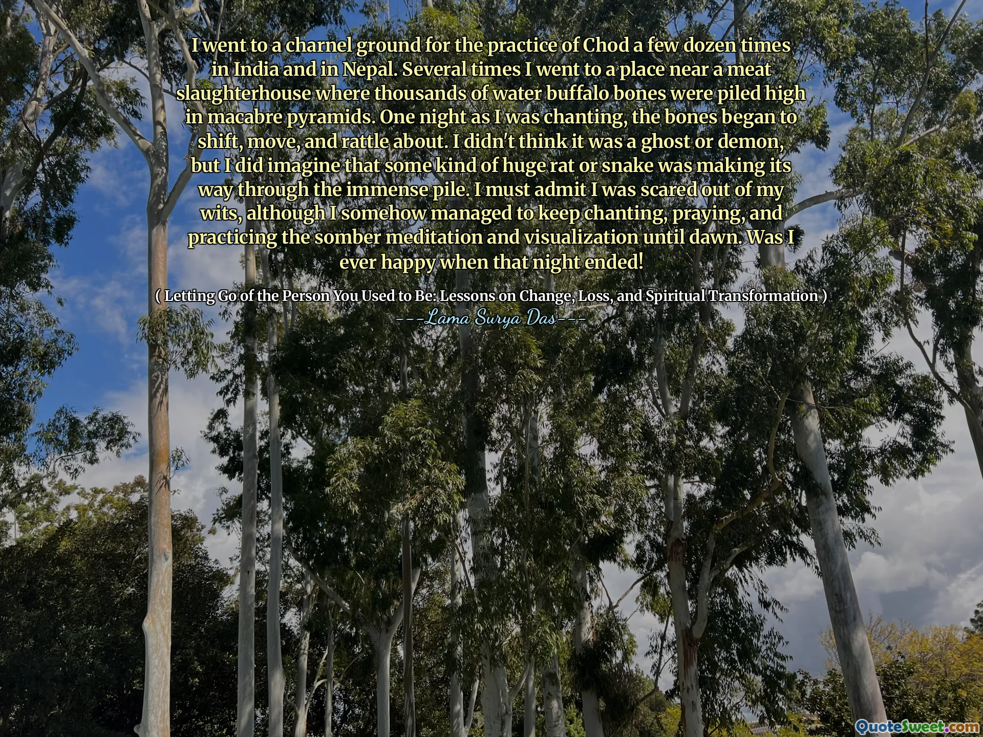 Kilka tuzina razy w Indiach i w Nepalu poszedłem na szarlant na praktykę Chod. Kilka razy poszedłem do miejsca w pobliżu rzezi mięsnego, w którym tysiące kości bawołów wodnych ułożono wysoko w makabrycznych piramidach. Pewnej nocy, kiedy intonowałem, kości zaczęły się poruszać, poruszać i grzechotać. Nie sądziłem, że to duch lub demon, ale wyobrażałem sobie, że jakiś ogromny szczur lub wąż przeszedł przez ogromny stos. Muszę przyznać, że przestraszyłem się z rozumu, chociaż jakoś udało mi się śpiewać, modlić się i ćwiczyć ponurą medytację i wizualizację do świtu. Czy zawsze byłam szczęśliwa, kiedy ta noc się skończyła!