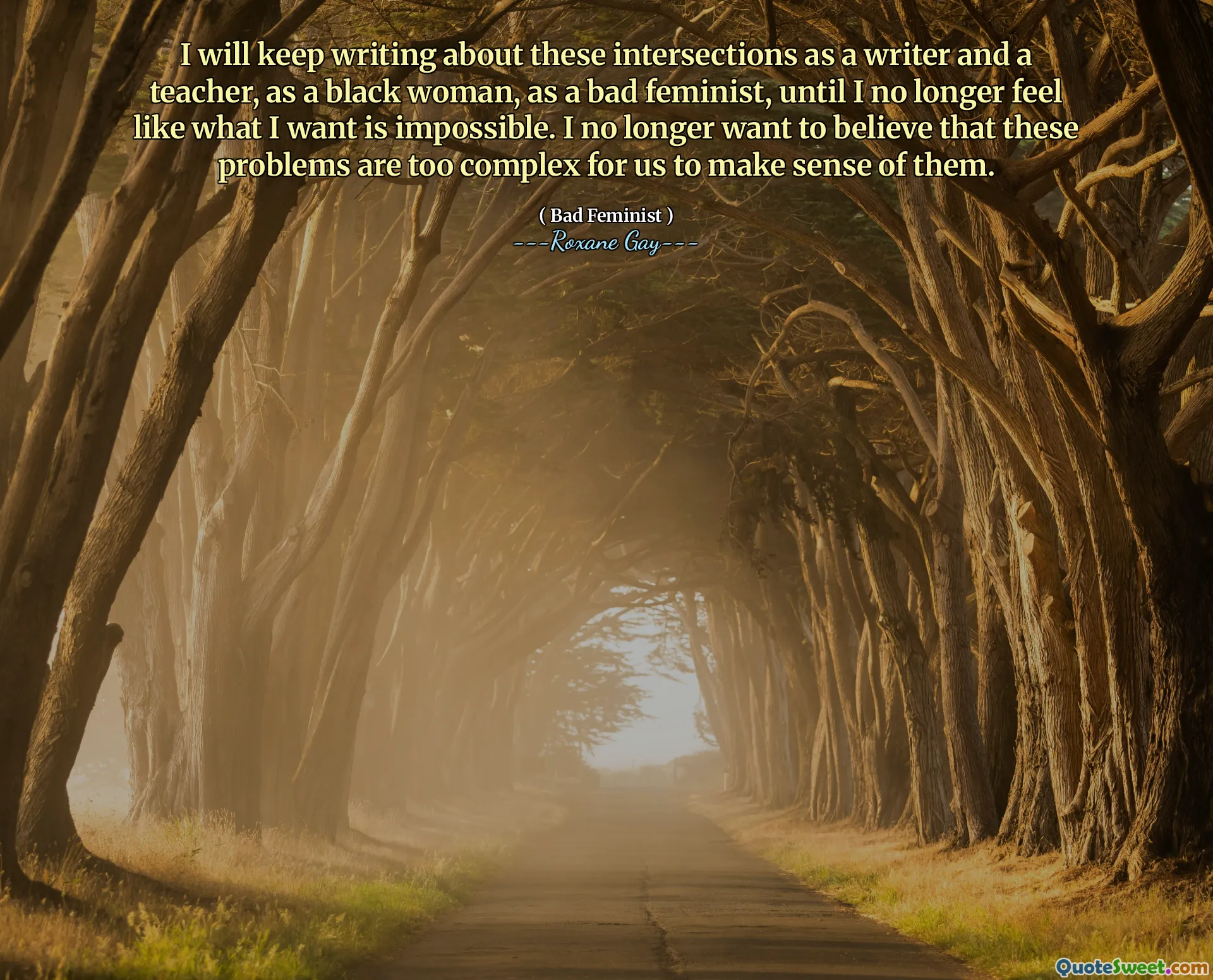 I will keep writing about these intersections as a writer and a teacher, as a black woman, as a bad feminist, until I no longer feel like what I want is impossible. I no longer want to believe that these problems are too complex for us to make sense of them.