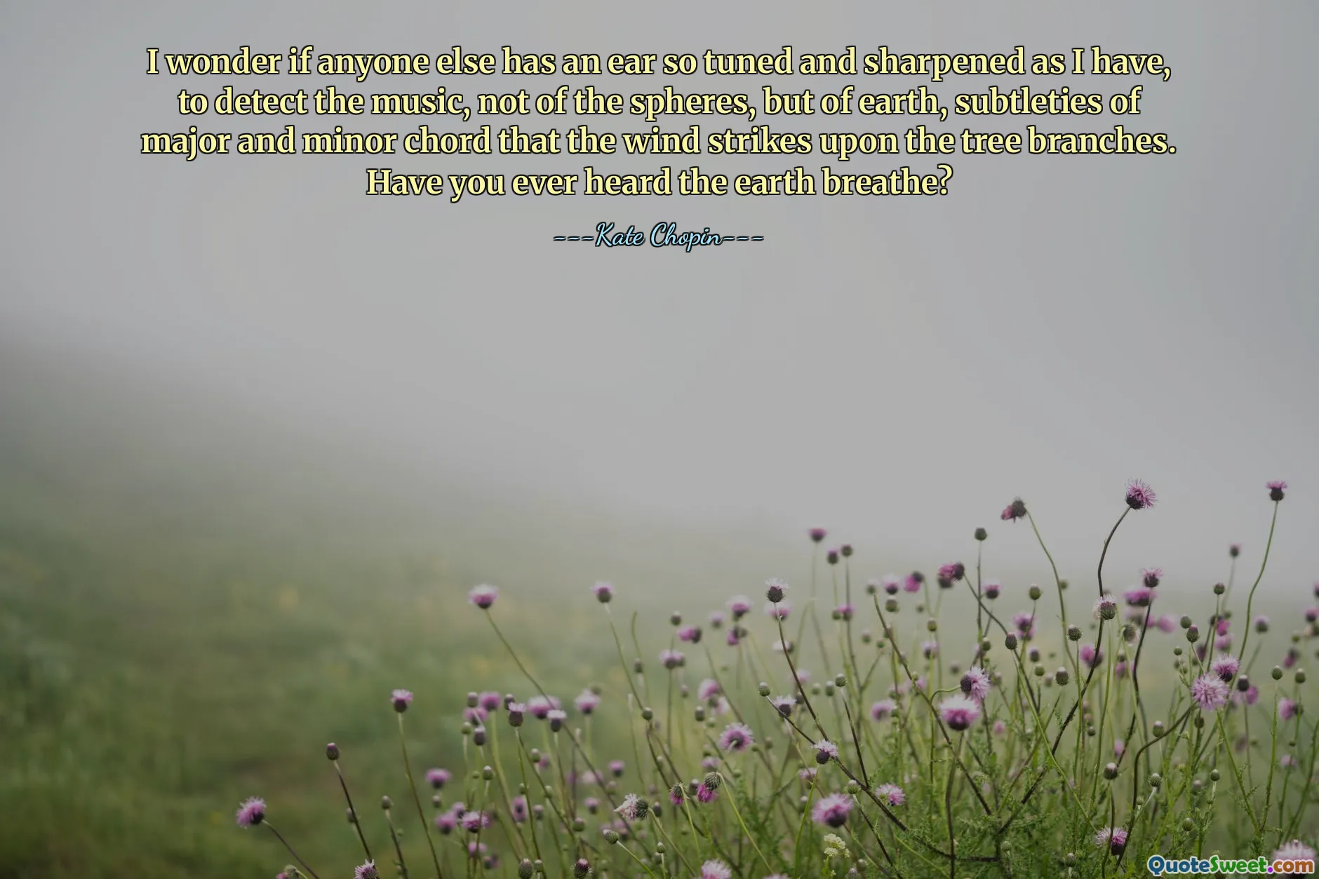 Ik vraag me af of iemand anders een oor heeft dat zo afgestemd en scherp is als ik, om de muziek te ontdekken, niet van de sferen, maar van de aarde, de subtiliteiten van majeur- en mineurakkoorden die de wind op de boomtakken slaat. Heb je ooit de aarde horen ademen?