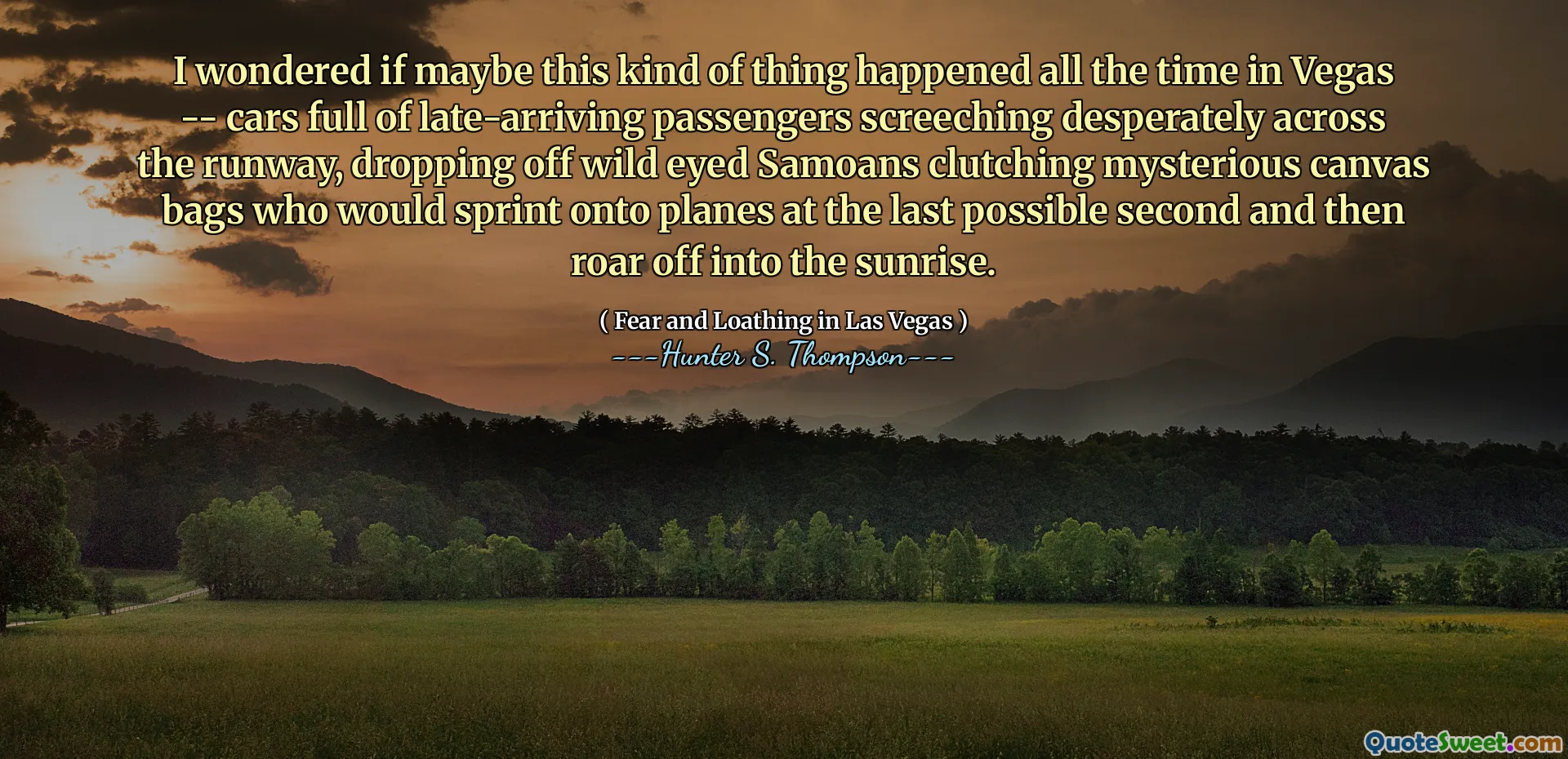 Jeg lurte på om kanskje denne typen ting skjedde hele tiden i Vegas-biler fulle av senarrivende passasjerer som skrek desperat over rullebanen, droppet av ville øyne samoans som koblet mystiske lerretsposer som ville sprint på fly på siste mulige sekund og deretter brøle i solriser.