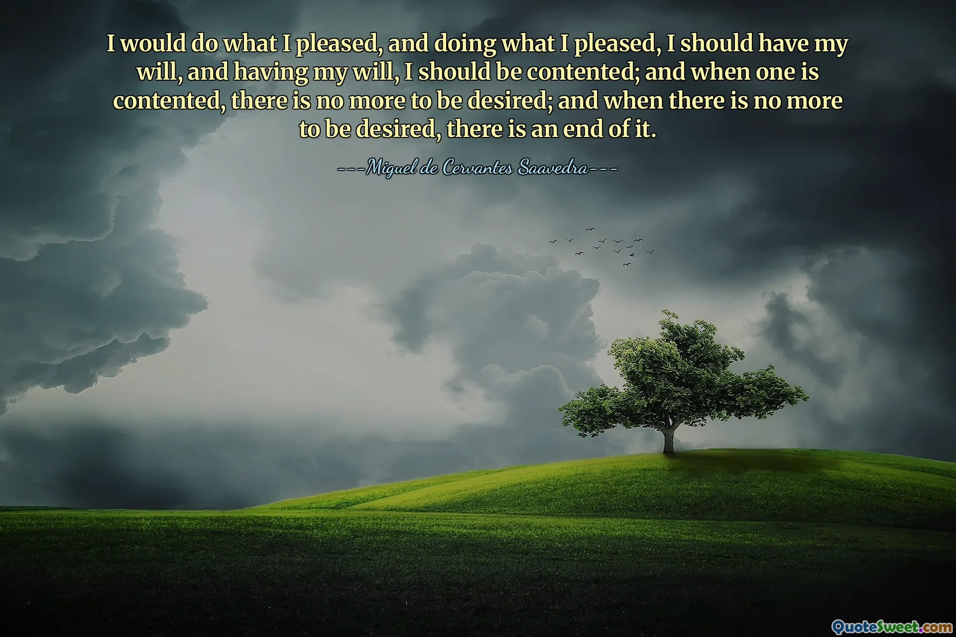 I would do what I pleased, and doing what I pleased, I should have my will, and having my will, I should be contented; and when one is contented, there is no more to be desired; and when there is no more to be desired, there is an end of it.
