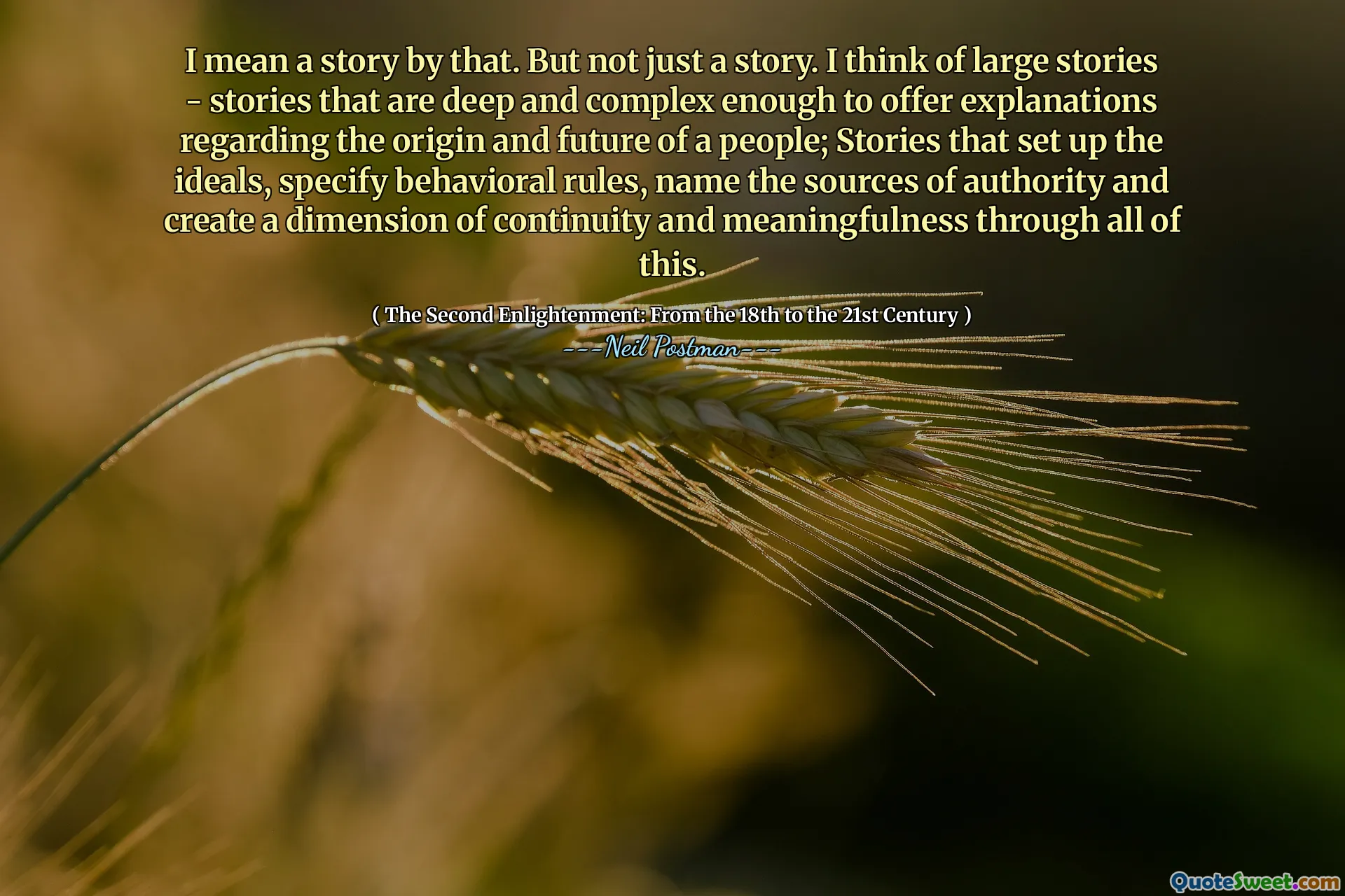 I mean a story by that. But not just a story. I think of large stories - stories that are deep and complex enough to offer explanations regarding the origin and future of a people; Stories that set up the ideals, specify behavioral rules, name the sources of authority and create a dimension of continuity and meaningfulness through all of this.