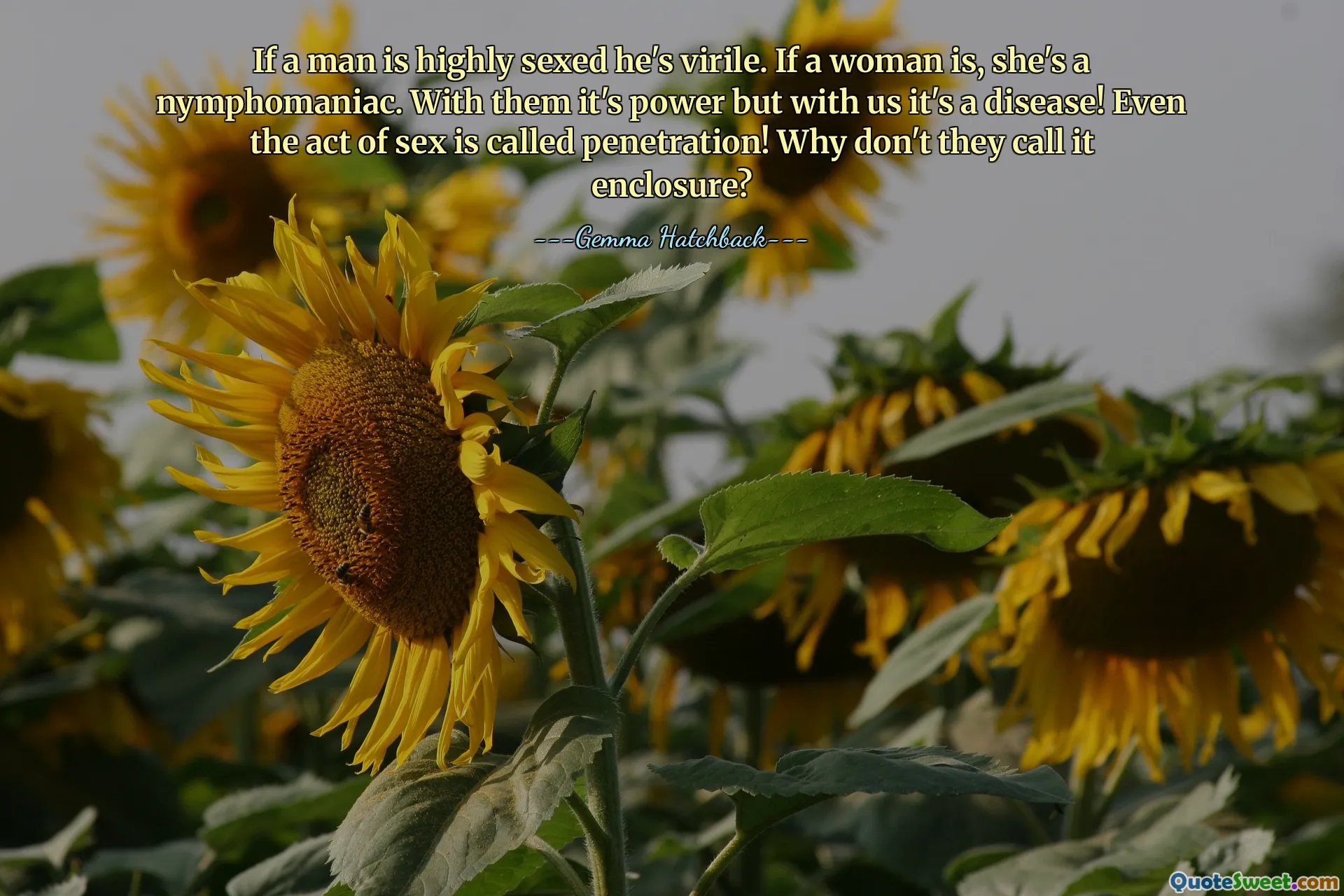 If a man is highly sexed he's virile. If a woman is, she's a nymphomaniac. With them it's power but with us it's a disease! Even the act of sex is called penetration! Why don't they call it enclosure?