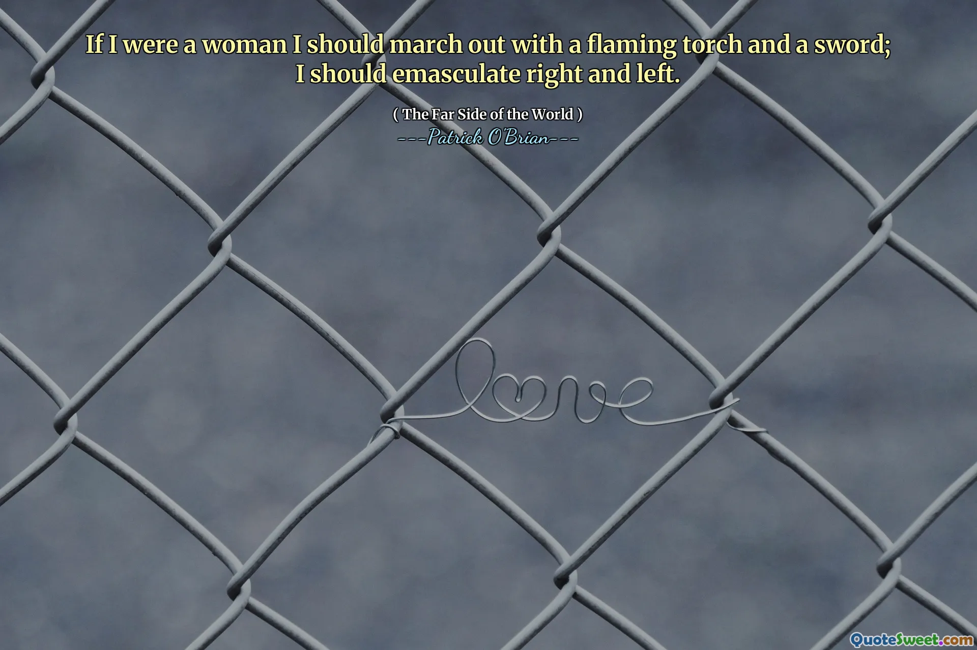 If I were a woman I should march out with a flaming torch and a sword; I should emasculate right and left.