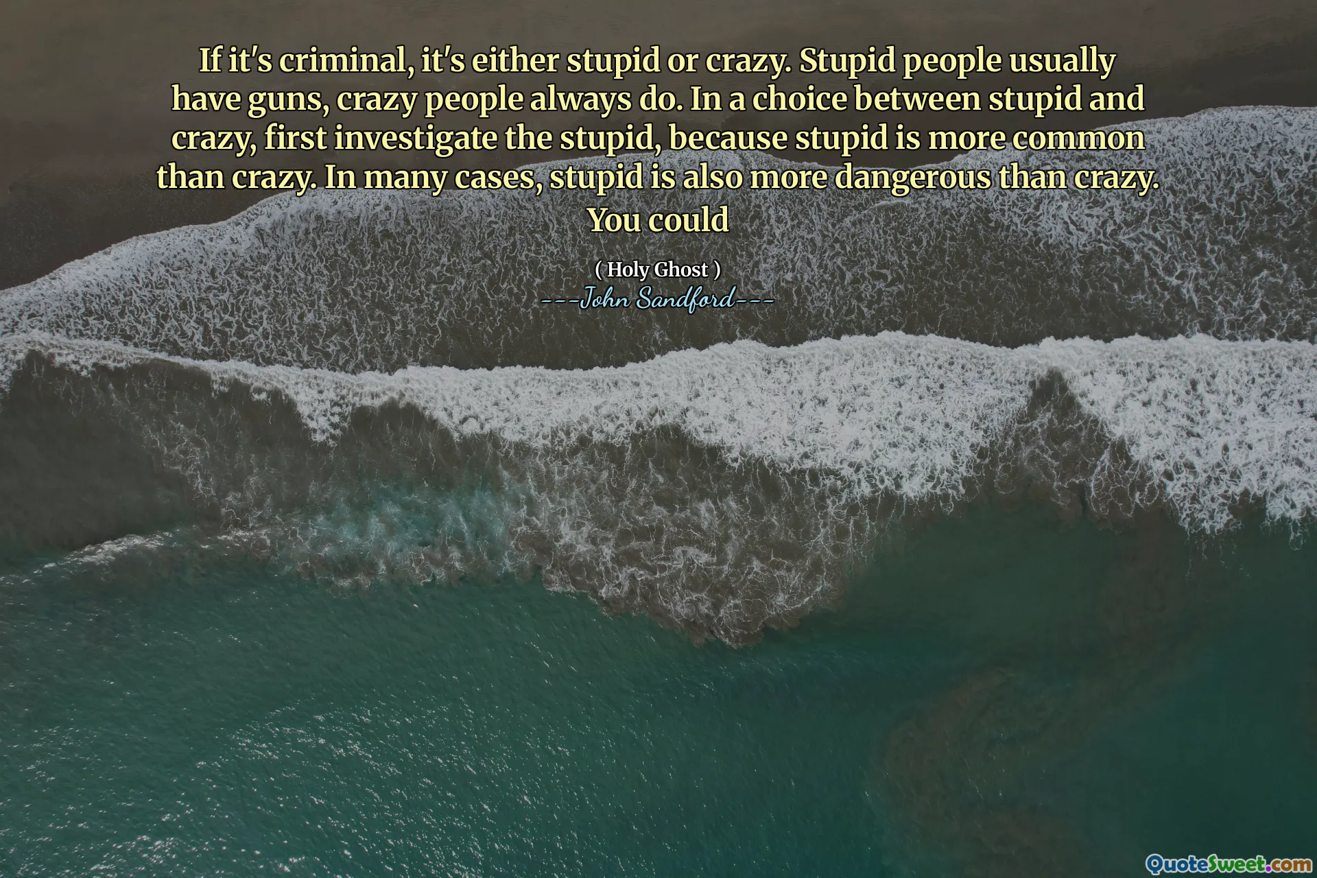 Se è criminale, è stupido o pazzo. Le persone stupide di solito hanno delle armi, i pazzi le hanno sempre. Nella scelta tra stupido e pazzo, indaga prima sullo stupido, perché lo stupido è più comune del pazzo. In molti casi, lo stupido è anche più pericoloso del pazzo. Potresti