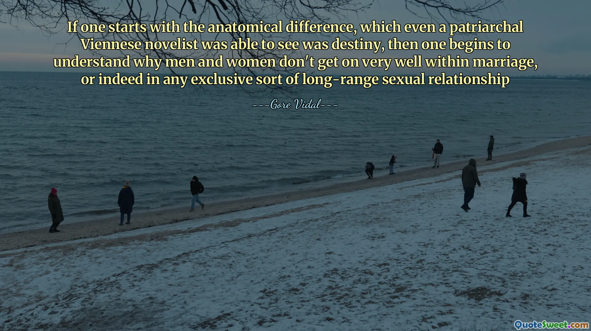 If one starts with the anatomical difference, which even a patriarchal Viennese novelist was able to see was destiny, then one begins to understand why men and women don't get on very well within marriage, or indeed in any exclusive sort of long-range sexual relationship