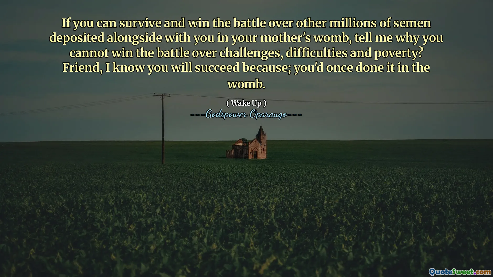 If you can survive and win the battle over other millions of semen deposited alongside with you in your mother's womb, tell me why you cannot win the battle over challenges, difficulties and poverty? Friend, I know you will succeed because; you'd once done it in the womb.