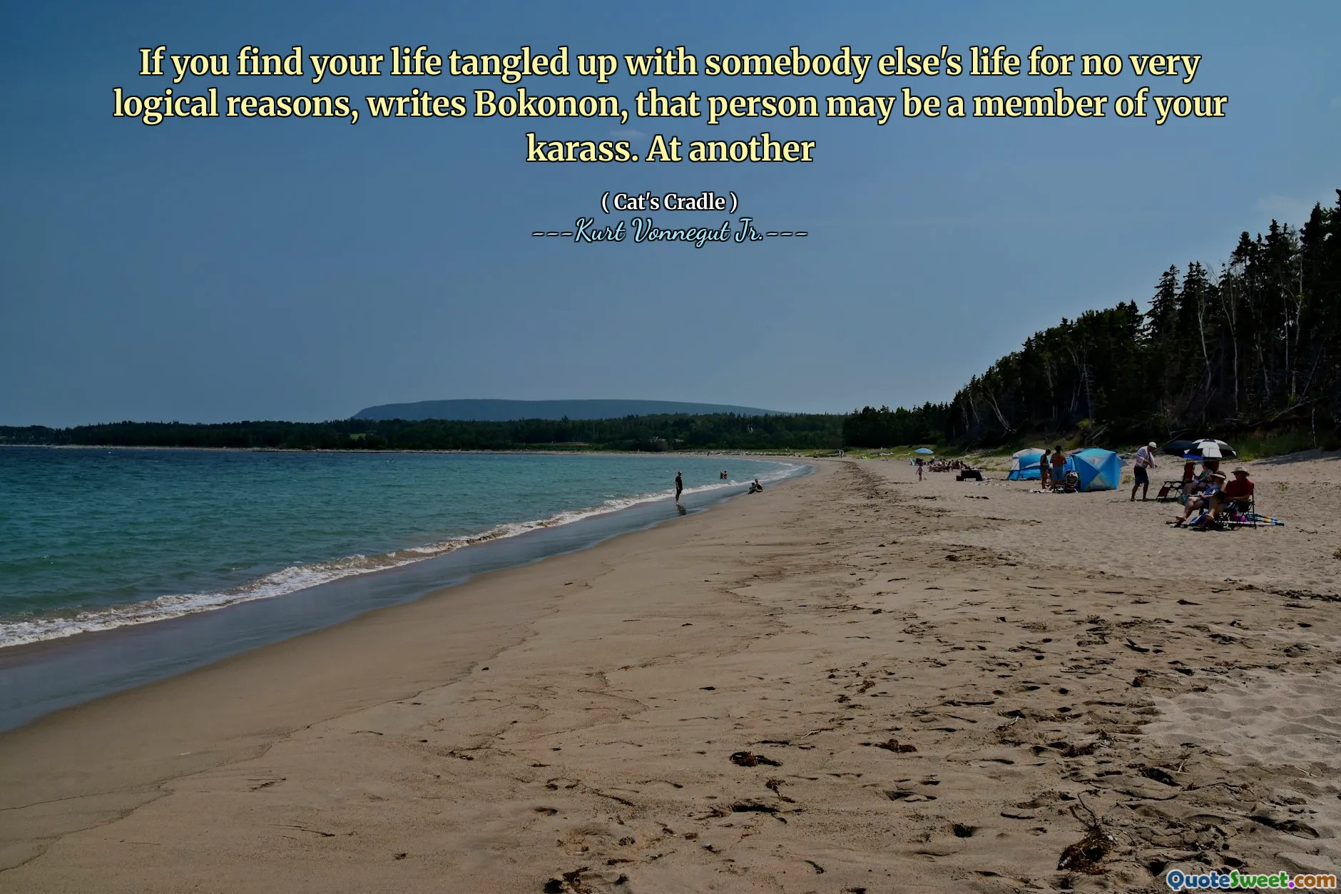 Se trovi la tua vita aggrovigliata con la vita di qualcun altro senza ragioni molto logiche, scrive Bokonon, quella persona può essere un membro del tuo karass. A un altro