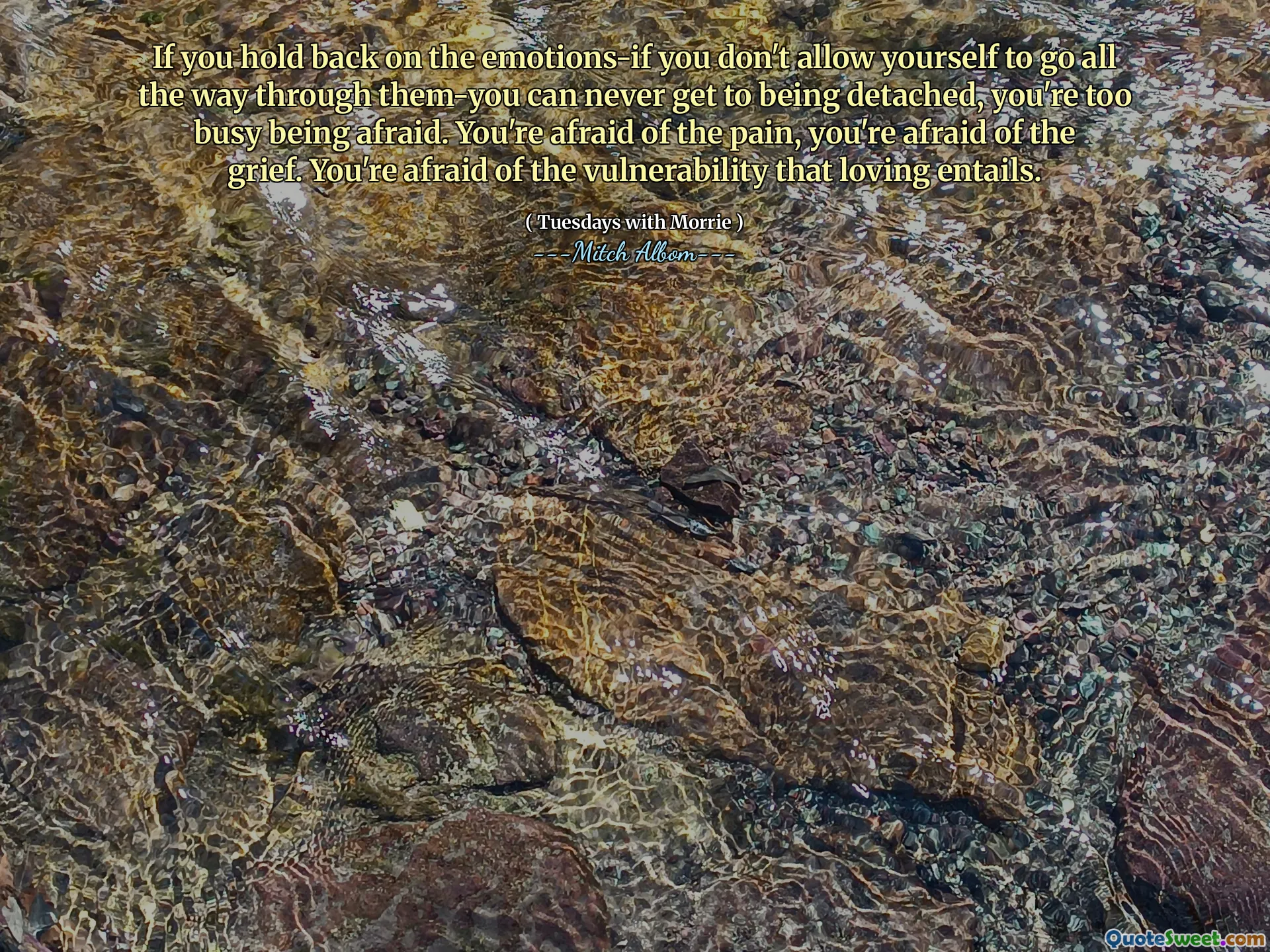 If you hold back on the emotions-if you don't allow yourself to go all the way through them-you can never get to being detached, you're too busy being afraid. You're afraid of the pain, you're afraid of the grief. You're afraid of the vulnerability that loving entails.