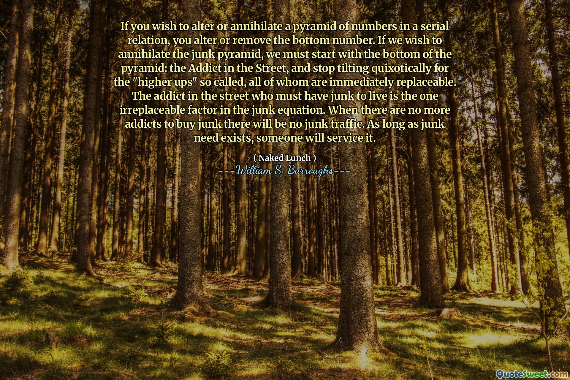 Bir seri ilişkideki bir sayı piramidini değiştirmek veya yok etmek istiyorsanız, alt numarayı değiştirir veya kaldırırsınız. Önemsiz piramidin yok edilmesini istiyorsak, piramidin dibiyle başlamalıyız: sokaktaki bağımlısı ve hepsi hemen değiştirilebilir olan "daha yüksek çıkışlar" için kekotik olarak eğilmeyi bırakmalıyız. Sokakta yaşamak için önemsiz olması gereken bağımlı, önemsiz denklemde yeri doldurulamaz bir faktördür. Önemsiz satın alacak daha fazla bağımlı olmadığında, önemsiz trafik olmayacaktır. Önemsiz ihtiyacı olduğu sürece, birisi buna hizmet edecektir.