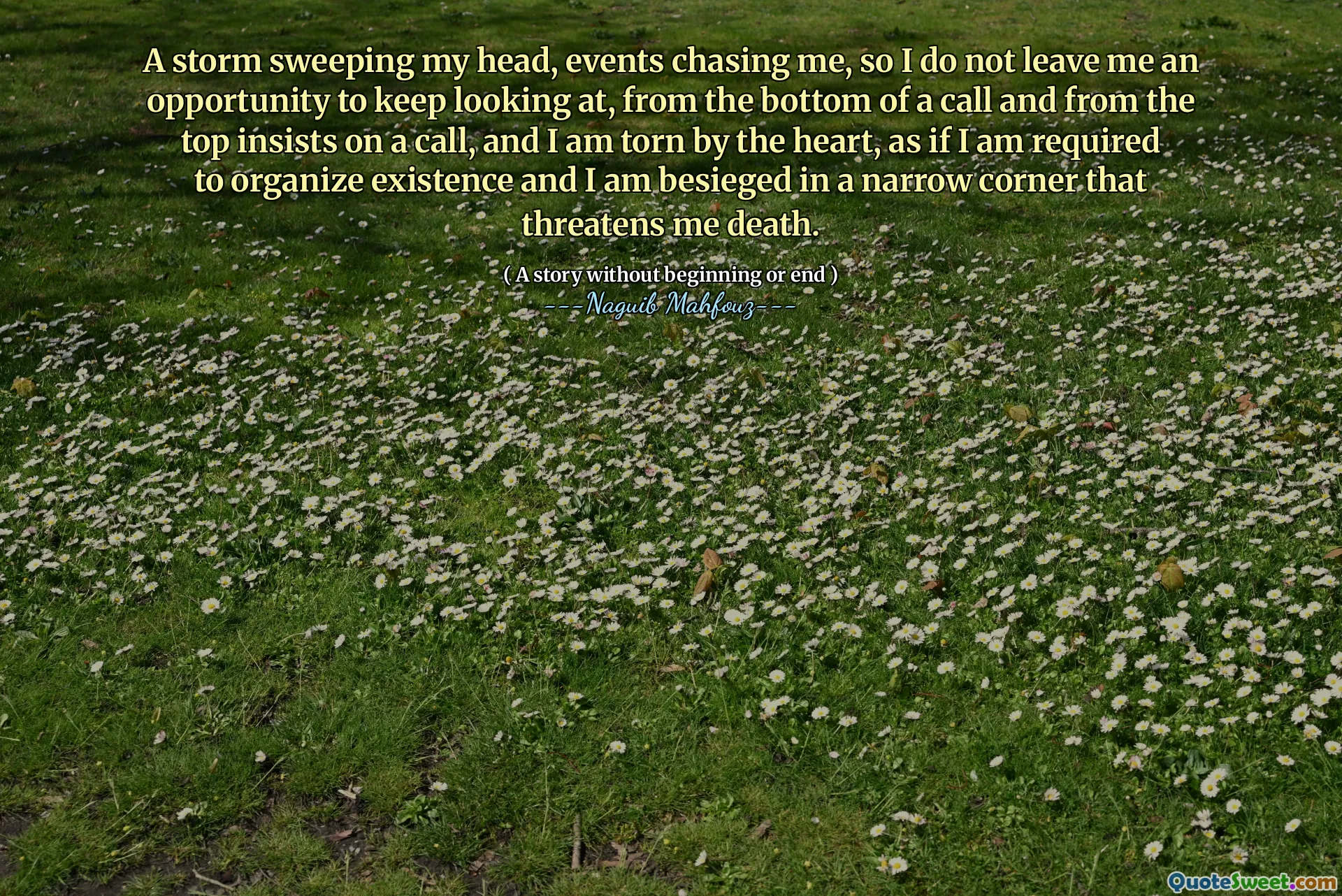 Een storm die mijn hoofd veegt, gebeurtenissen die me achtervolgen, dus ik laat me geen kans om naar te blijven kijken, vanaf de bodem van een oproep en van de top staat aan op een oproep, en ik word door het hart gescheurd, alsof ik verplicht ben om het bestaan ​​te organiseren en ik ben belegerd in een smalle hoek die me de dood bedreigt.