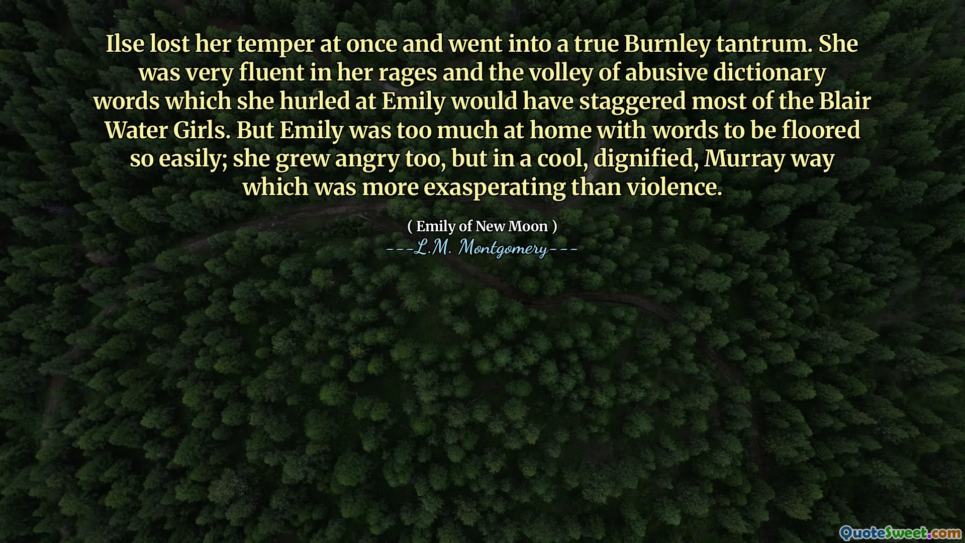 Ilse lost her temper at once and went into a true Burnley tantrum. She was very fluent in her rages and the volley of abusive dictionary words which she hurled at Emily would have staggered most of the Blair Water Girls. But Emily was too much at home with words to be floored so easily; she grew angry too, but in a cool, dignified, Murray way which was more exasperating than violence.